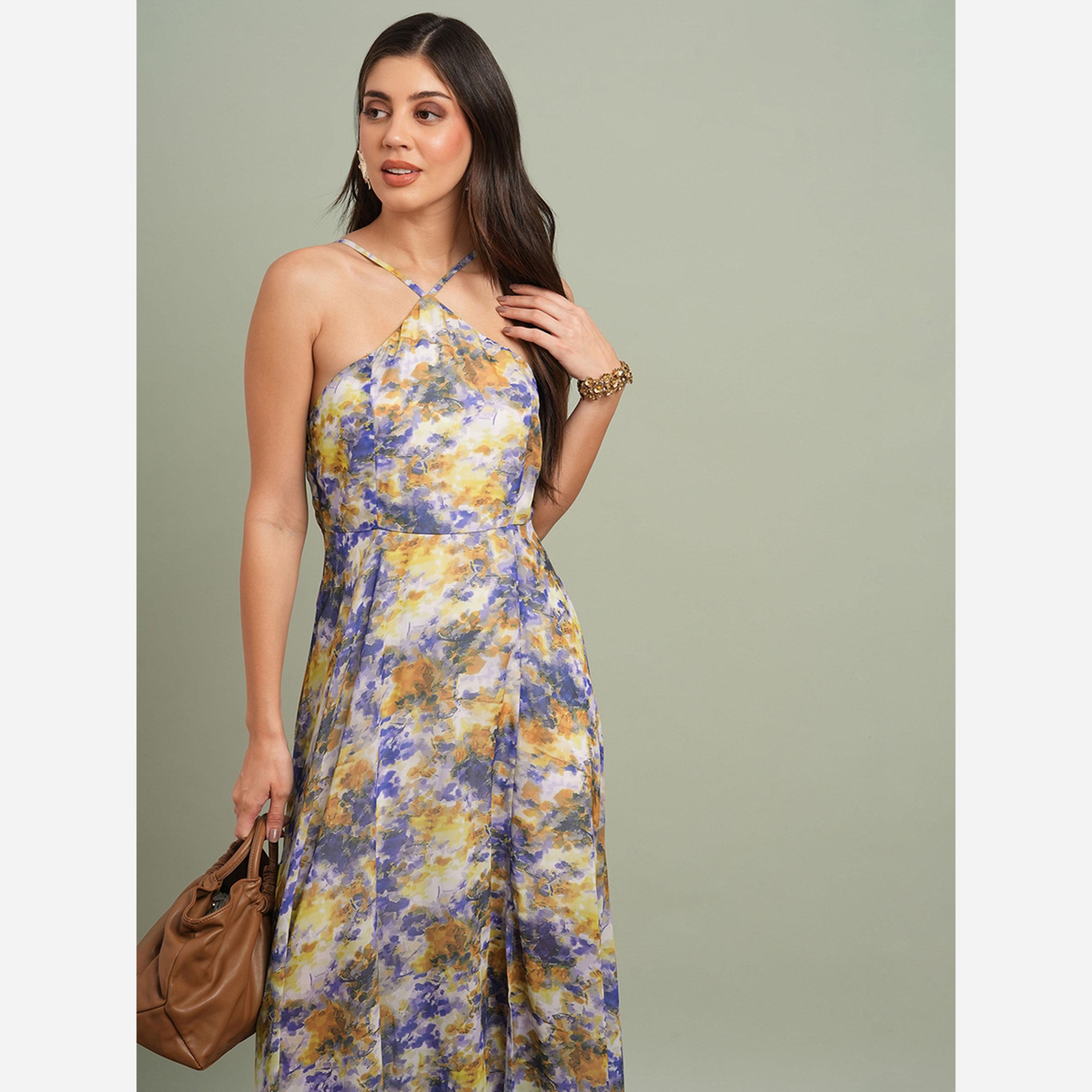 Globus X Styli Yellow Abstract Print Halter Neck Maxi Dress-women-clothing-dresses-image-5