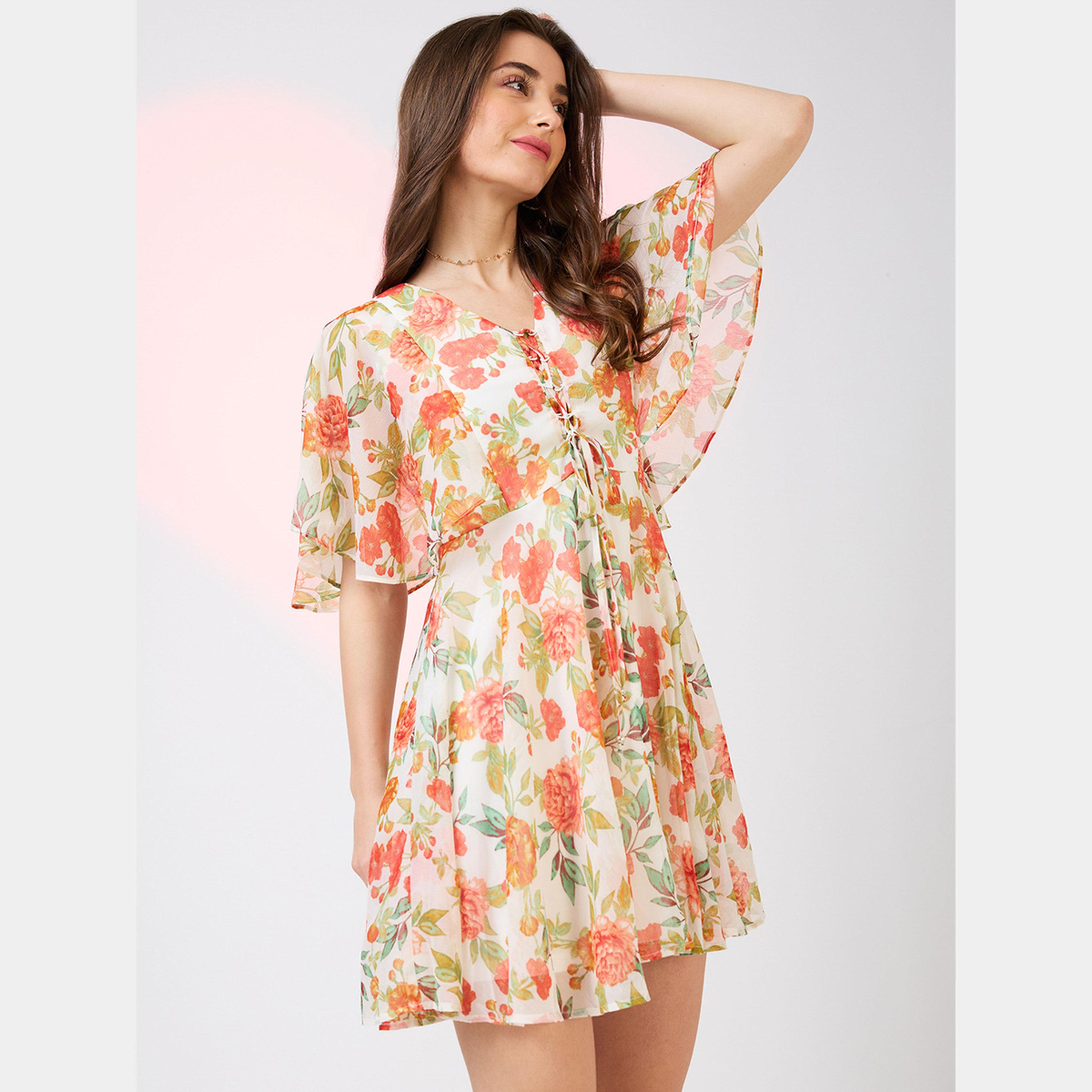 Globus X Styli Pink Floral Print Short Sleeves Women's Flared Mini Dress-women-clothing-dresses-image-1