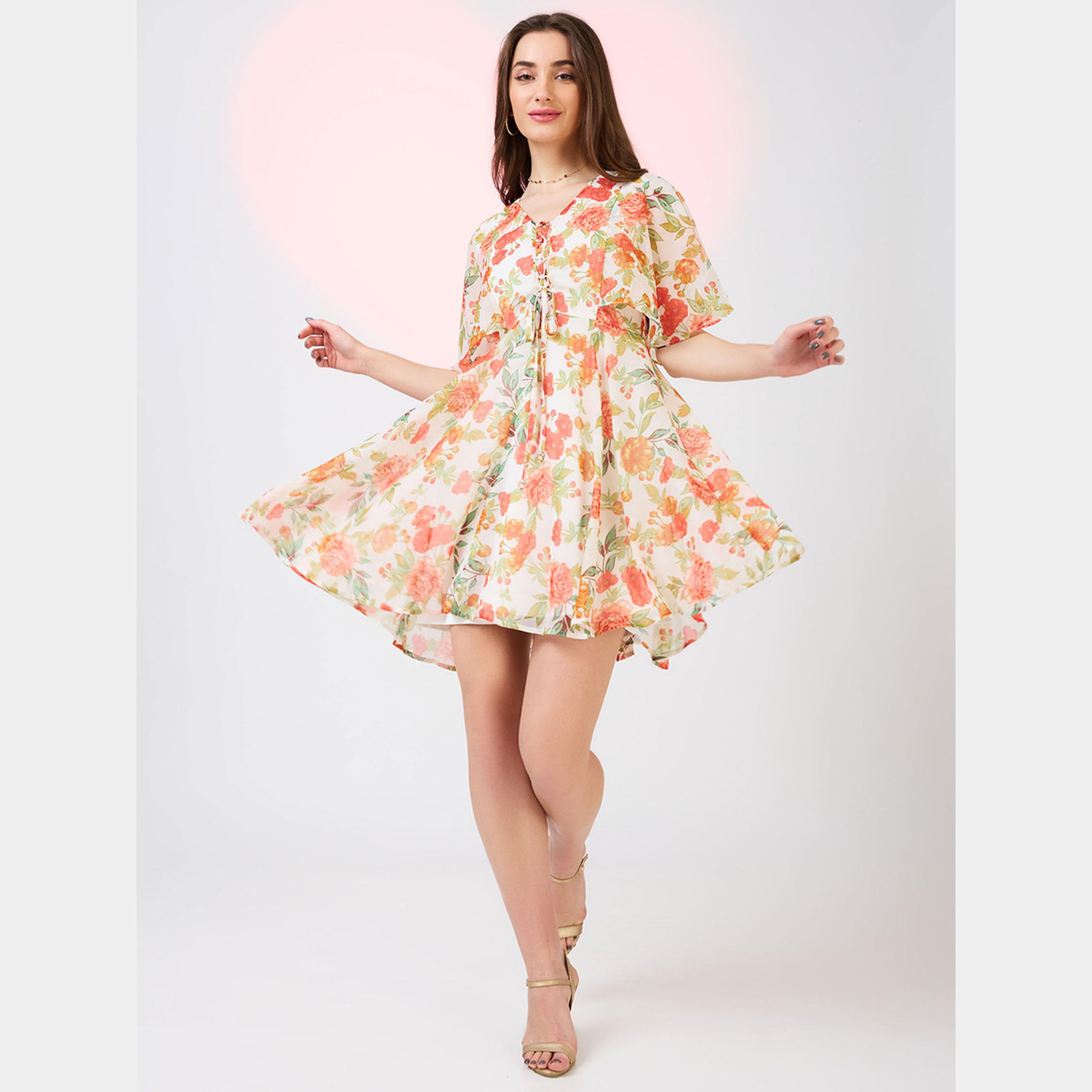 Globus X Styli Pink Floral Print Short Sleeves Women's Flared Mini Dress-women-clothing-dresses-image-2