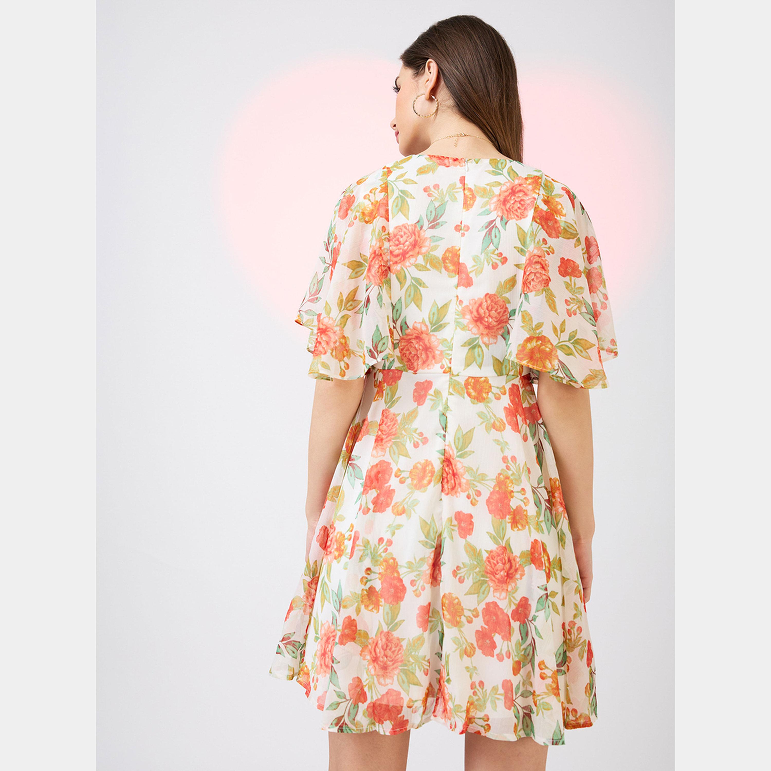 Globus X Styli Pink Floral Print Short Sleeves Women's Flared Mini Dress-women-clothing-dresses-image-3