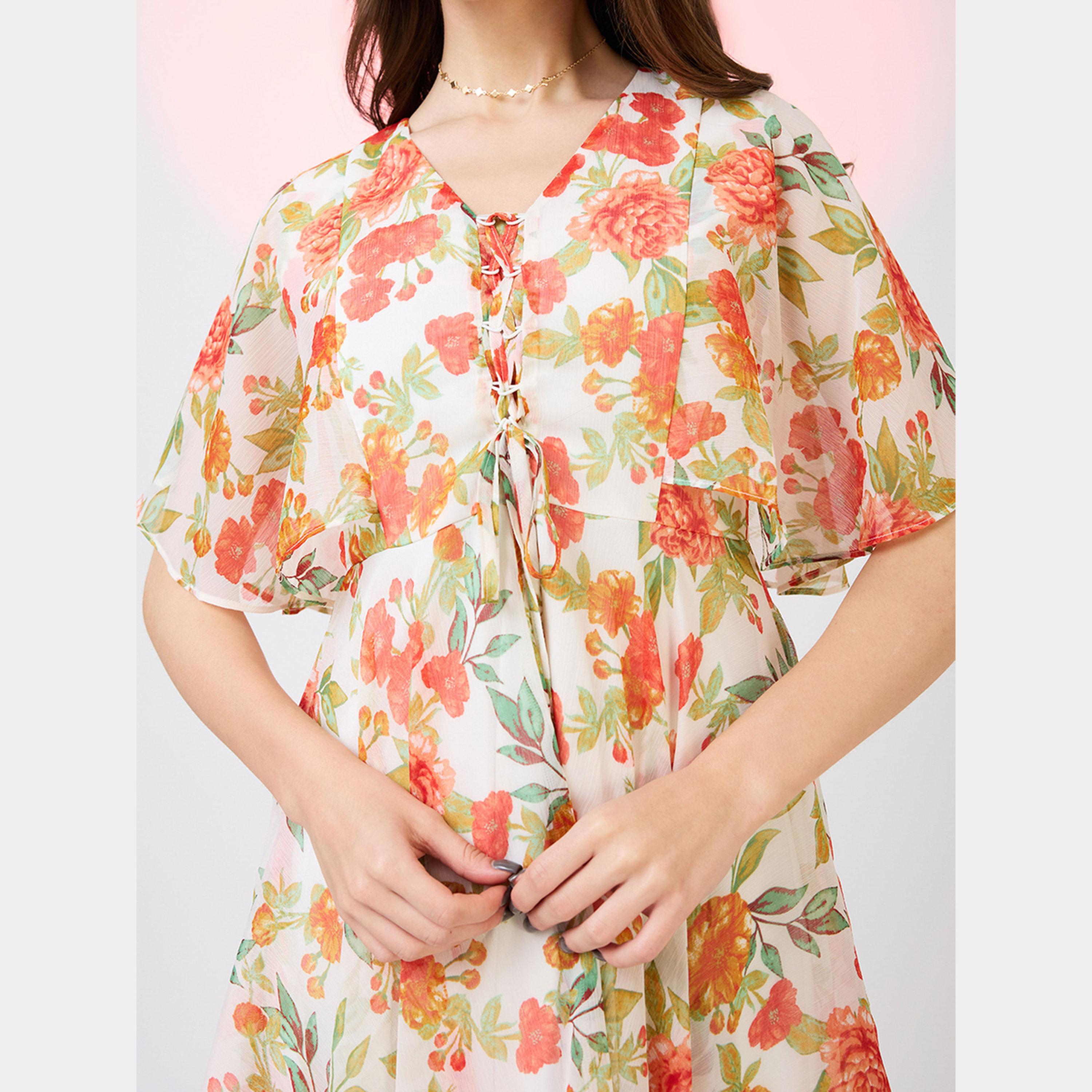 Globus X Styli Pink Floral Print Short Sleeves Women's Flared Mini Dress-women-clothing-dresses-image-4