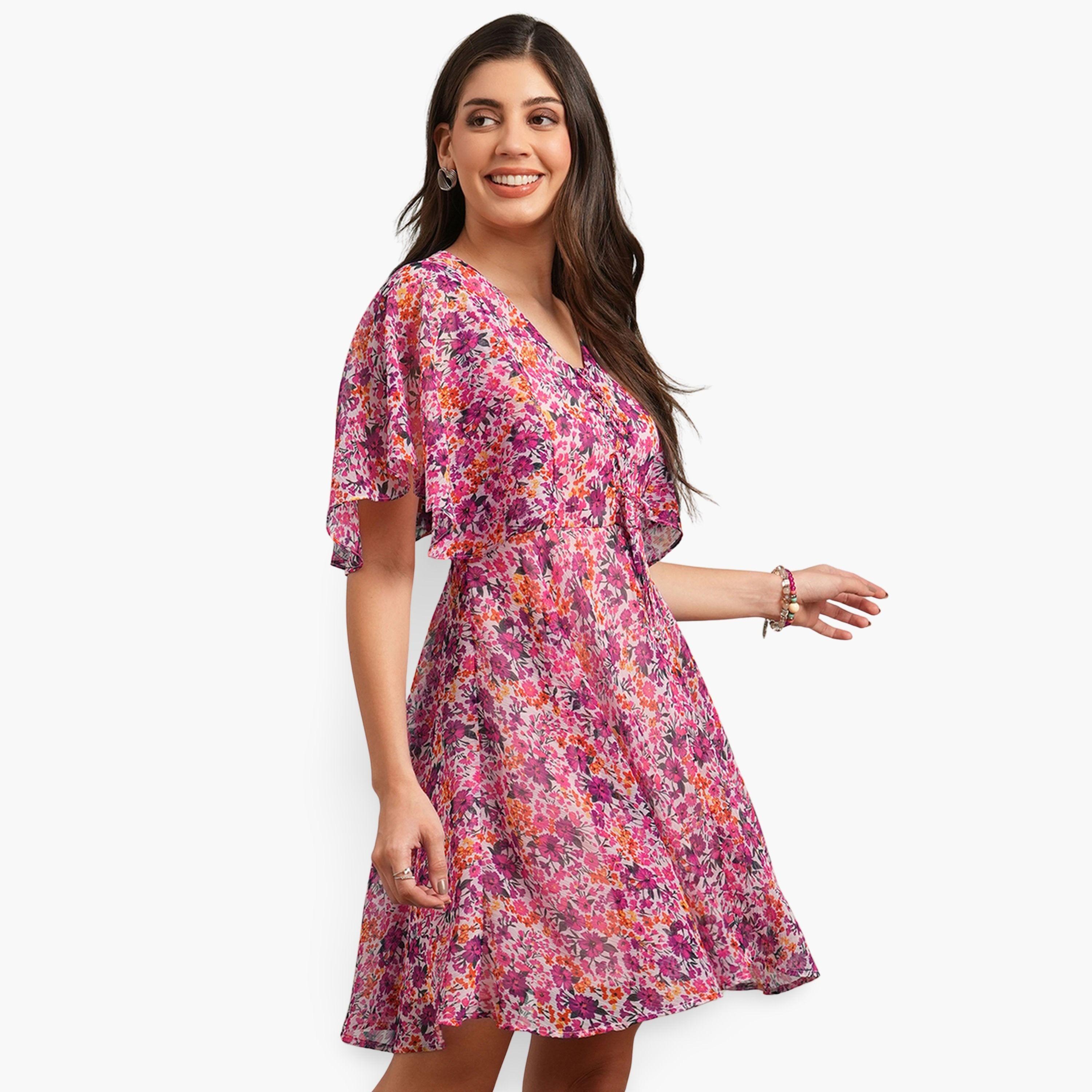 غلوبوص × ستايلي - فستان نسائي قصير بطبعة زهور رقبة حرف V وأكمام واسعة-women-clothing-dresses-image-1
