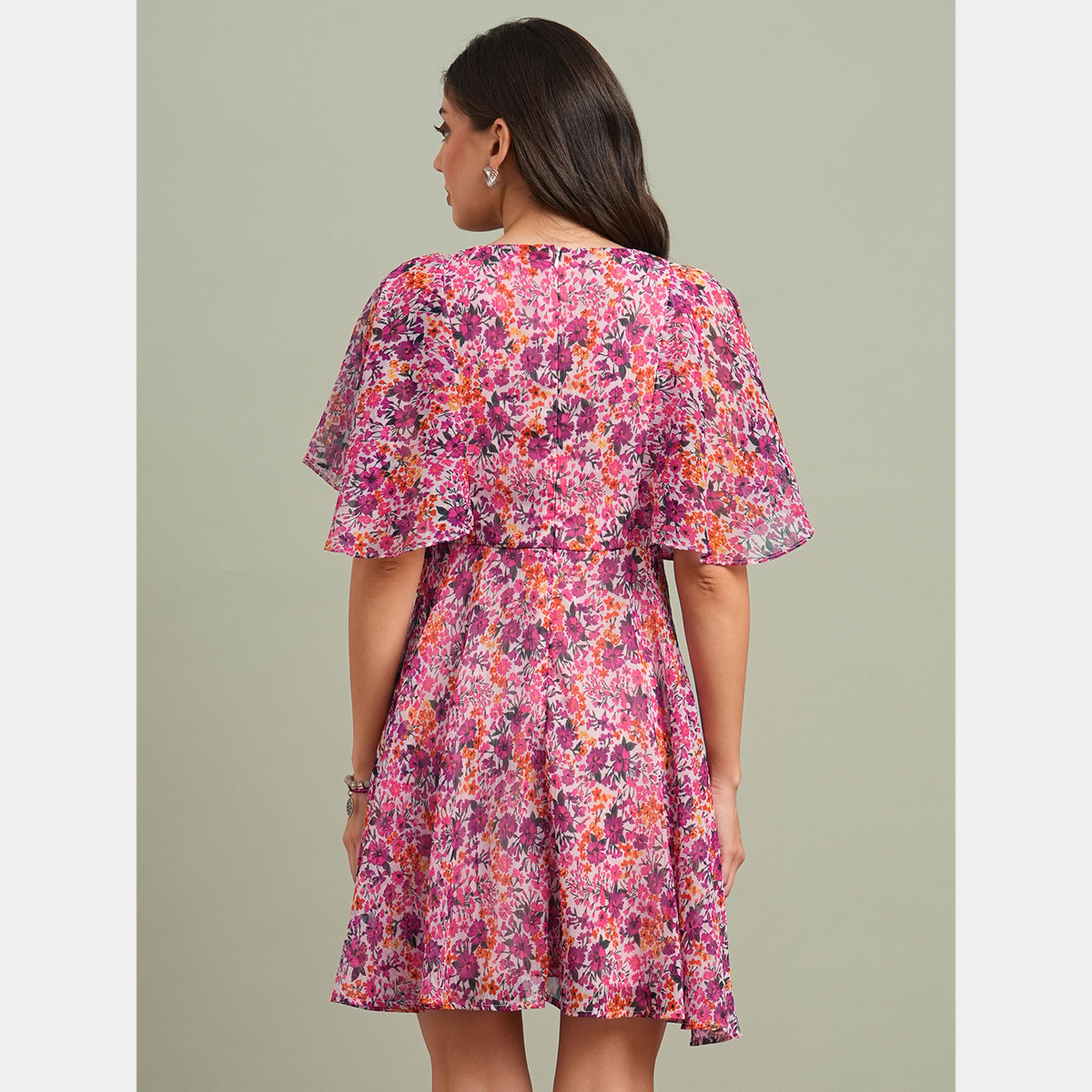 غلوبوص × ستايلي - فستان نسائي قصير بطبعة زهور رقبة حرف V وأكمام واسعة-women-clothing-dresses-image-3