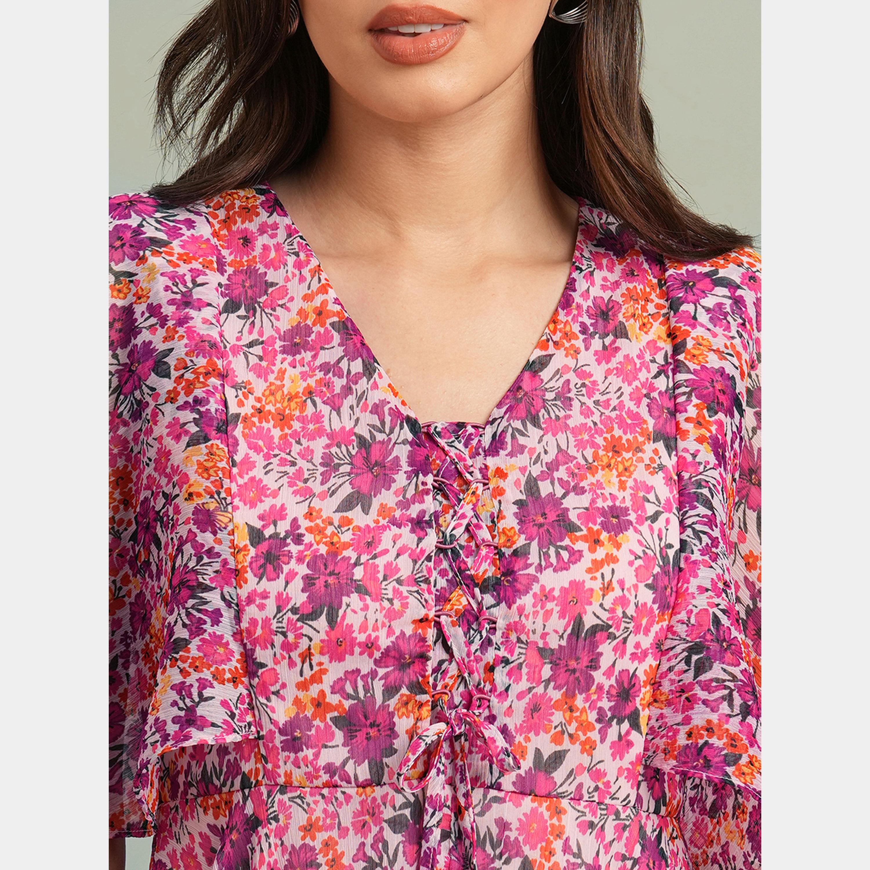 غلوبوص × ستايلي - فستان نسائي قصير بطبعة زهور رقبة حرف V وأكمام واسعة-women-clothing-dresses-image-4