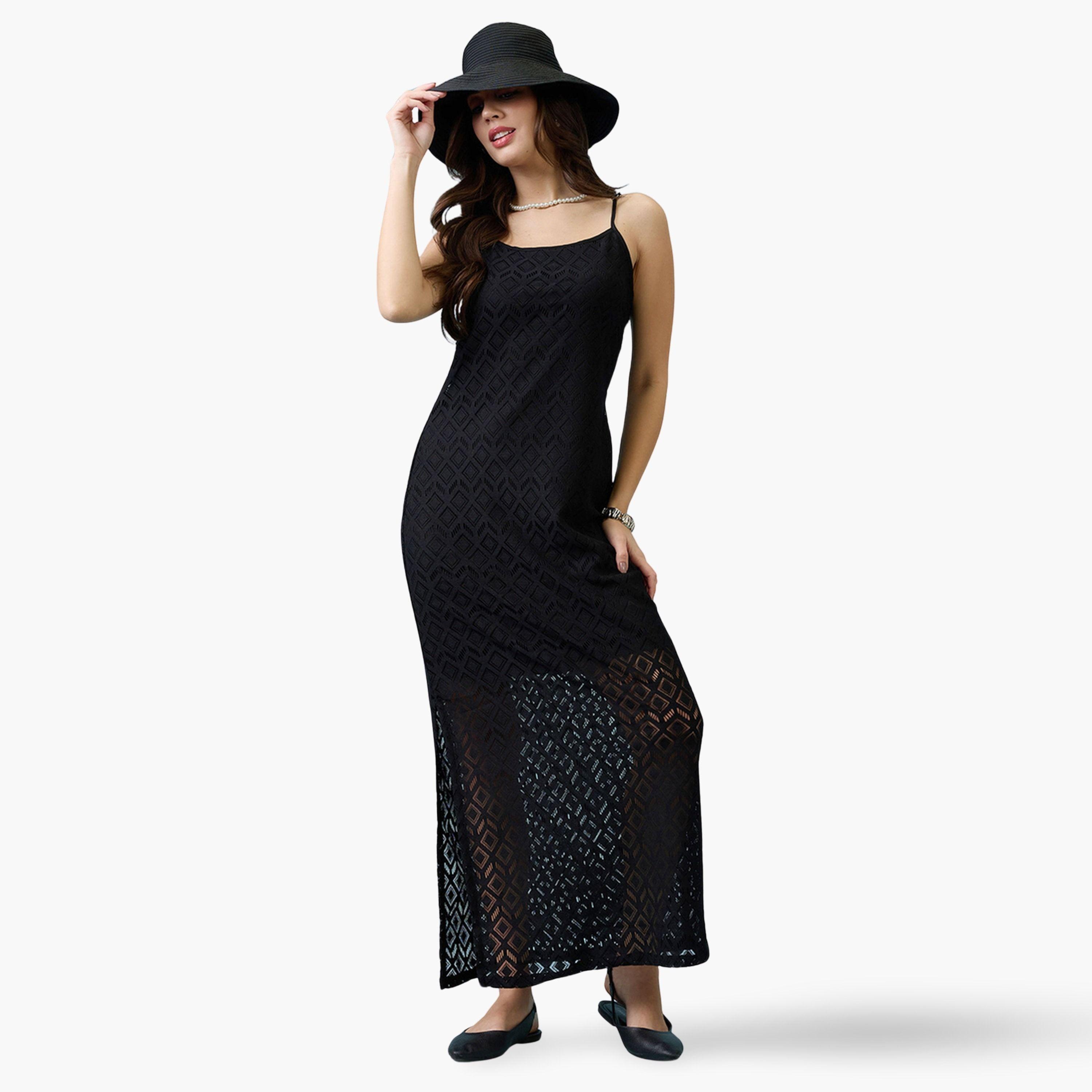 غلوبوص × ستايلي - فستان ماكسي أسود للنساء فتحة جانبية رقبة دائرية من الكروشيه-women-clothing-dresses-image-1