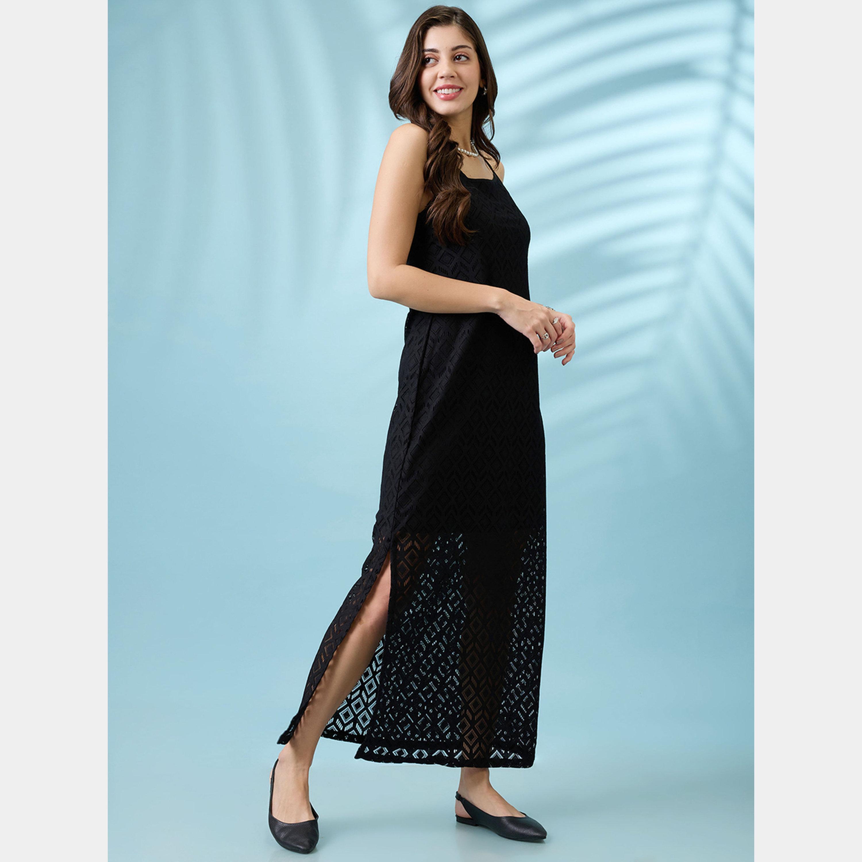 Globus X Styli Black Crochet Scoop Neck Strappy Women's Side Slit Sheath Maxi Dress-women-clothing-dresses-image-2