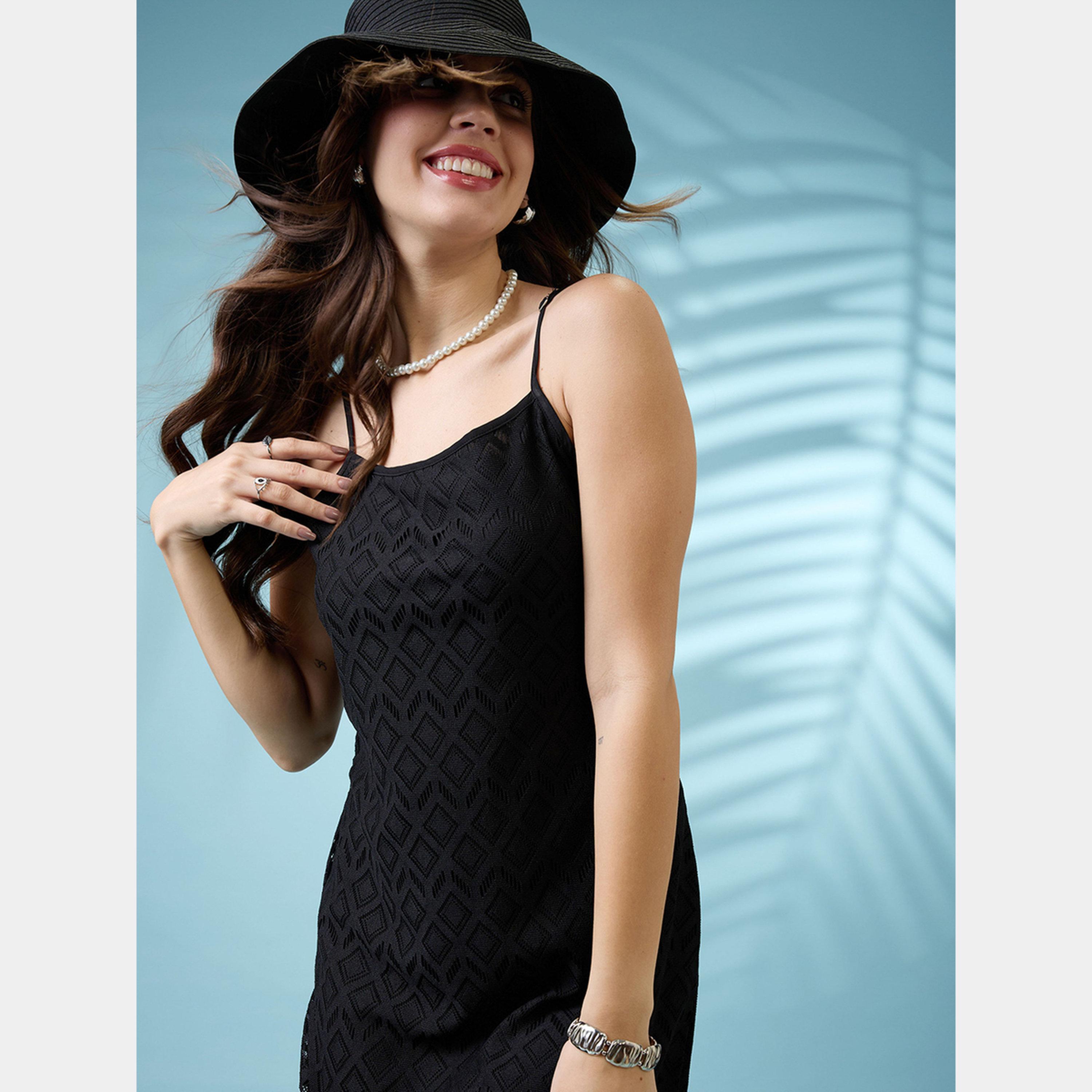 Globus X Styli Black Crochet Scoop Neck Strappy Women's Side Slit Sheath Maxi Dress-women-clothing-dresses-image-5