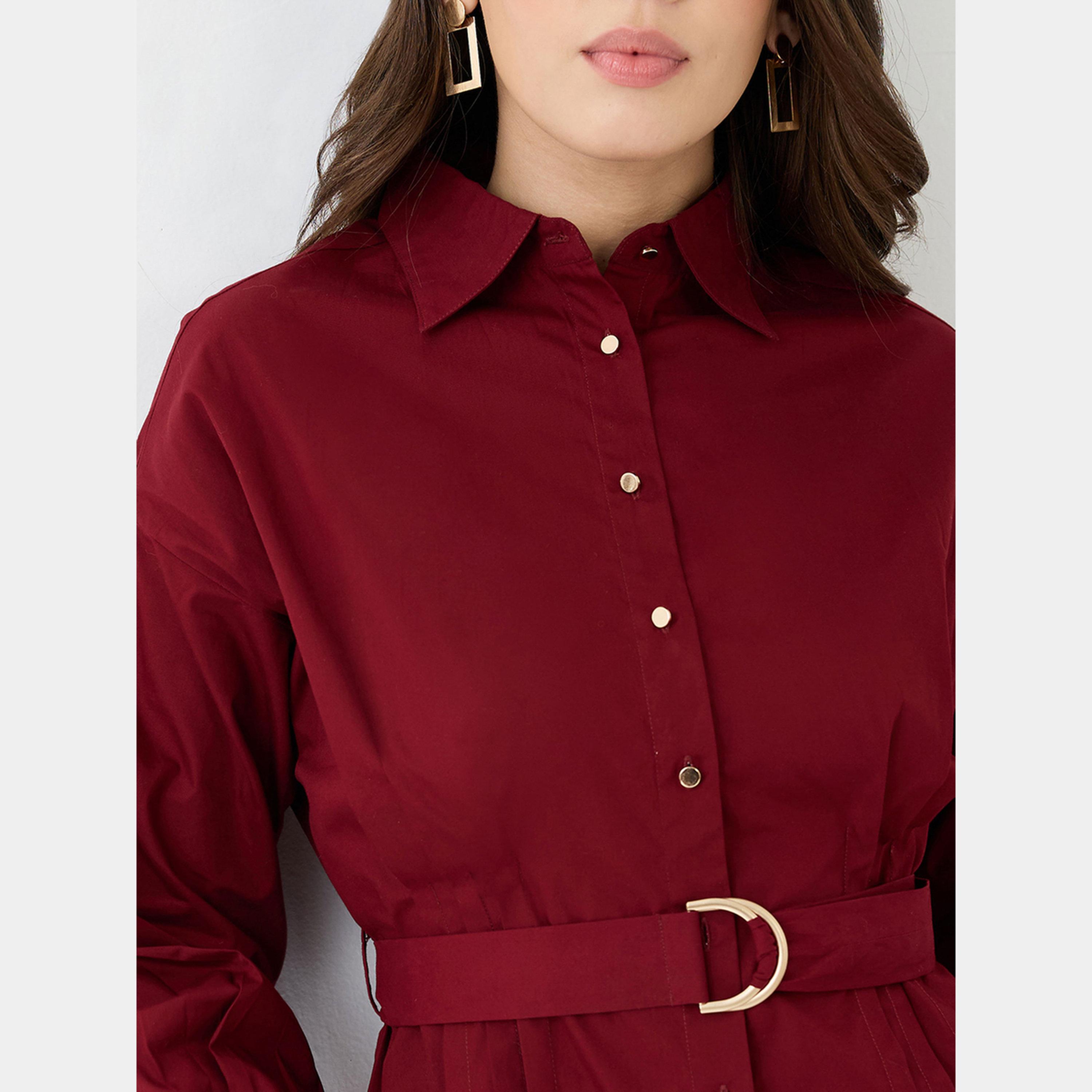 غلوبوص × ستايلي - فستان قصير نسائي لون مارون  بأكمام طويلة وياقة وأزرار مع حزام-women-clothing-dresses-image-4