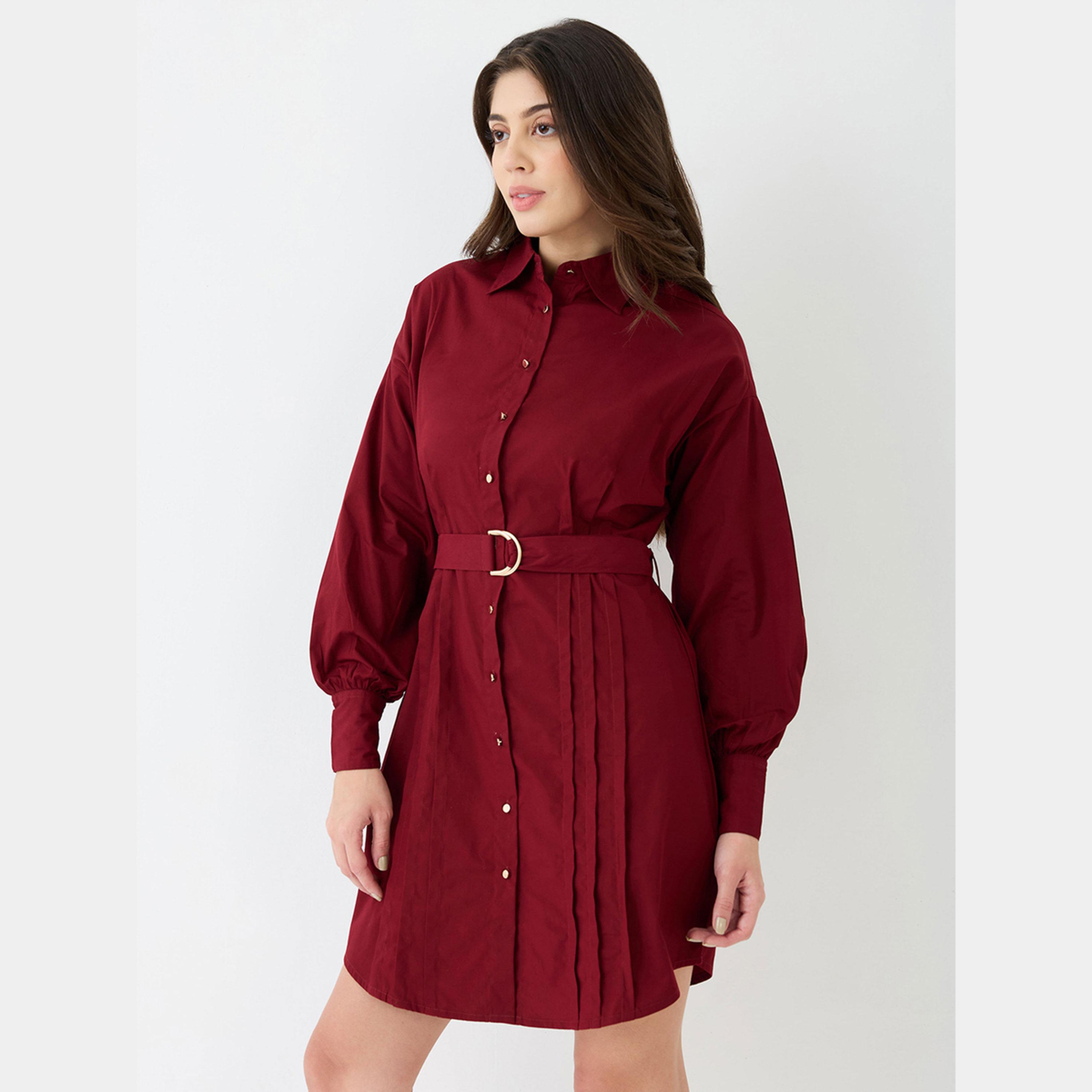 غلوبوص × ستايلي - فستان قصير نسائي لون مارون  بأكمام طويلة وياقة وأزرار مع حزام-women-clothing-dresses-image-5