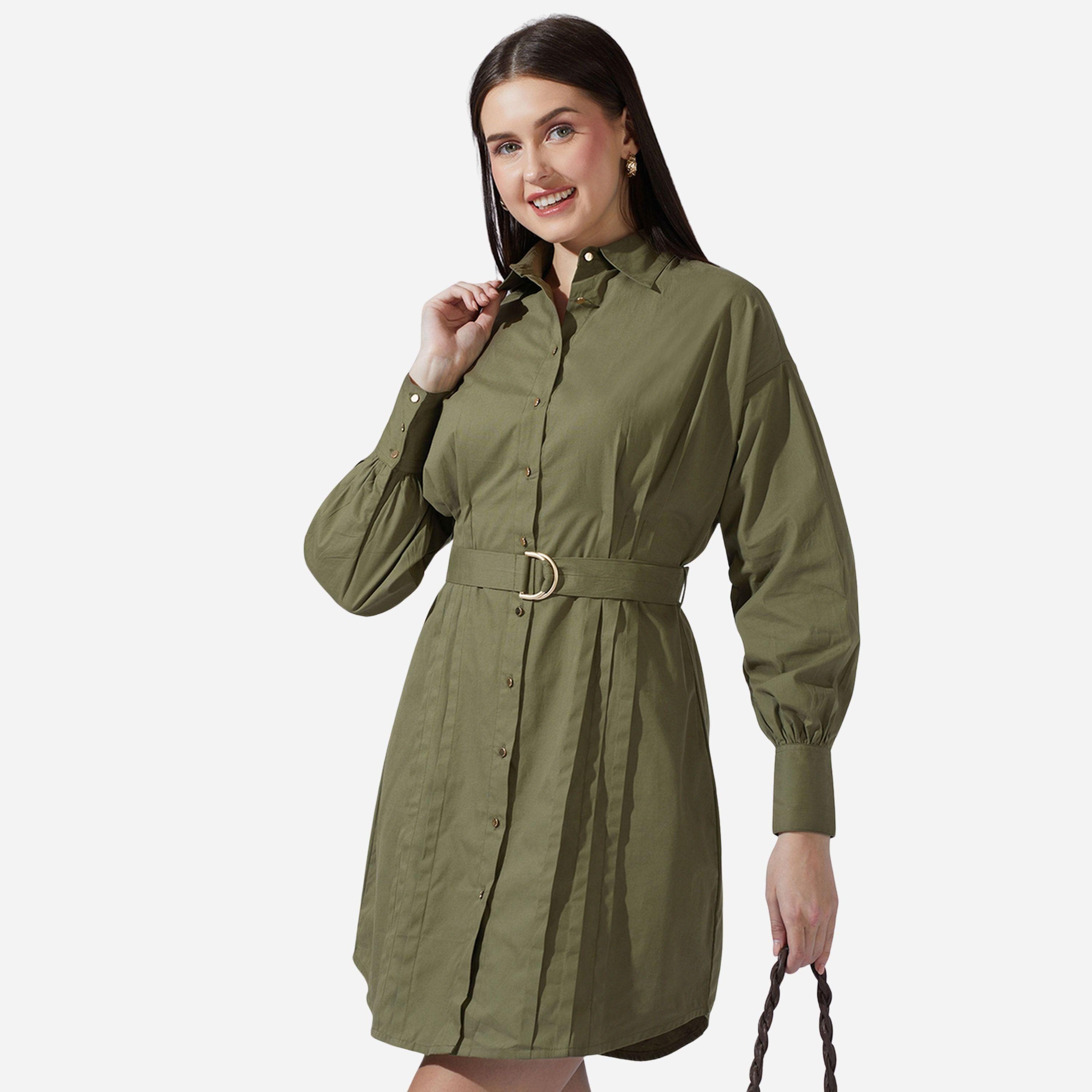 غلوبوص × ستايلي - فستان قصير مطوي ياقة لون زيتوني مع حزام-women-clothing-dresses-image-1