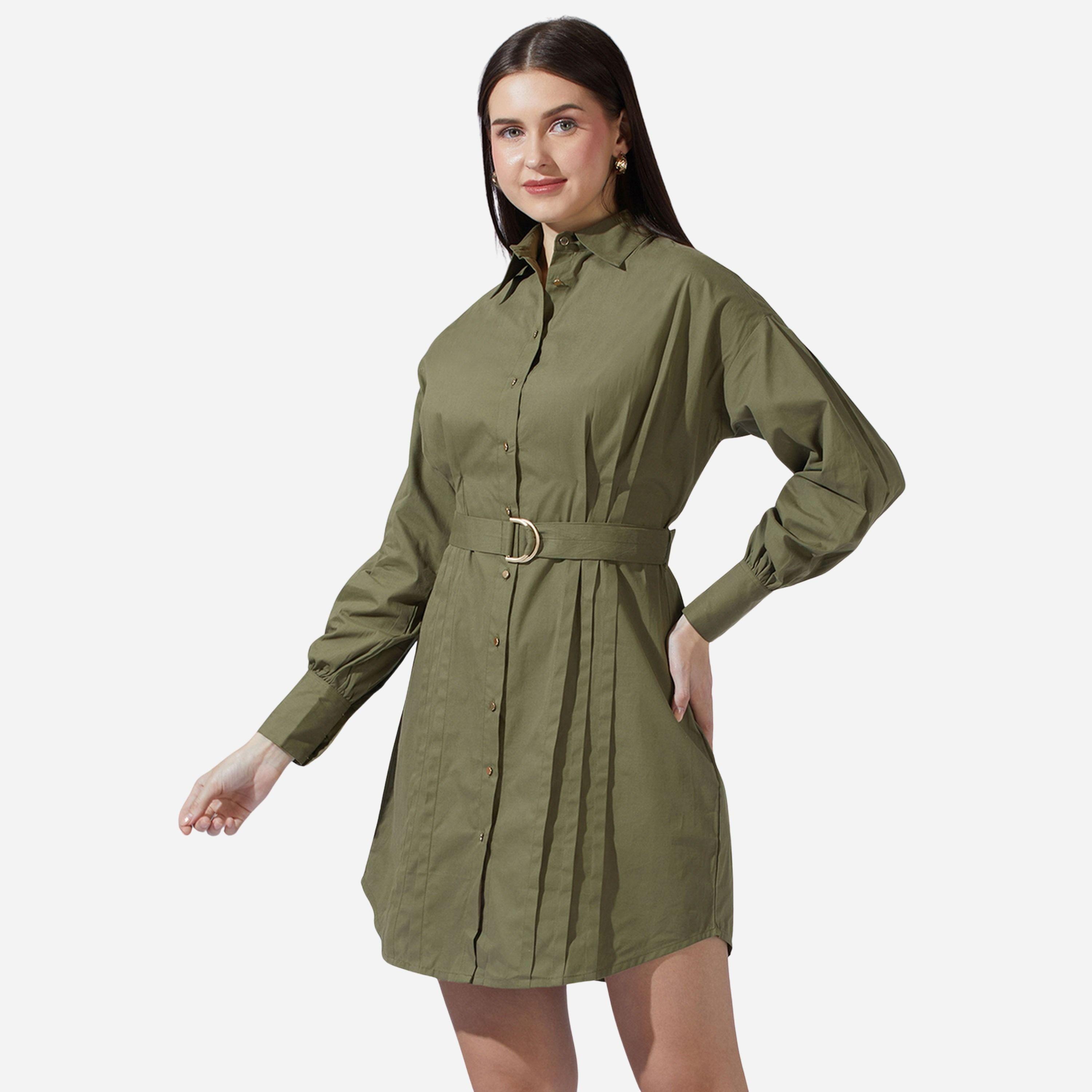 Globus X Styli Olive Collared Neck Pleated Mini Dress with Belt-women-clothing-dresses-image-2