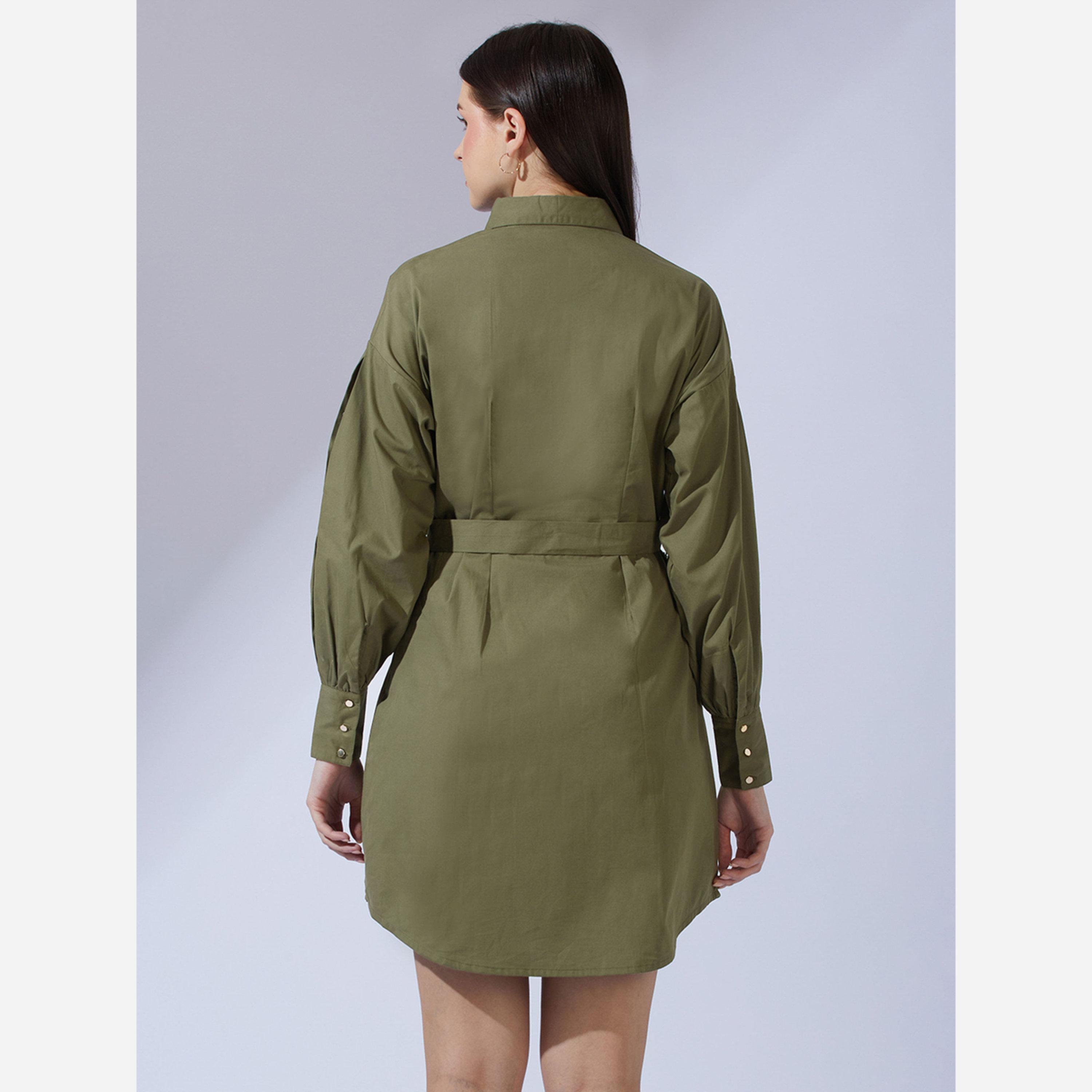 Globus X Styli Olive Collared Neck Pleated Mini Dress with Belt-women-clothing-dresses-image-3