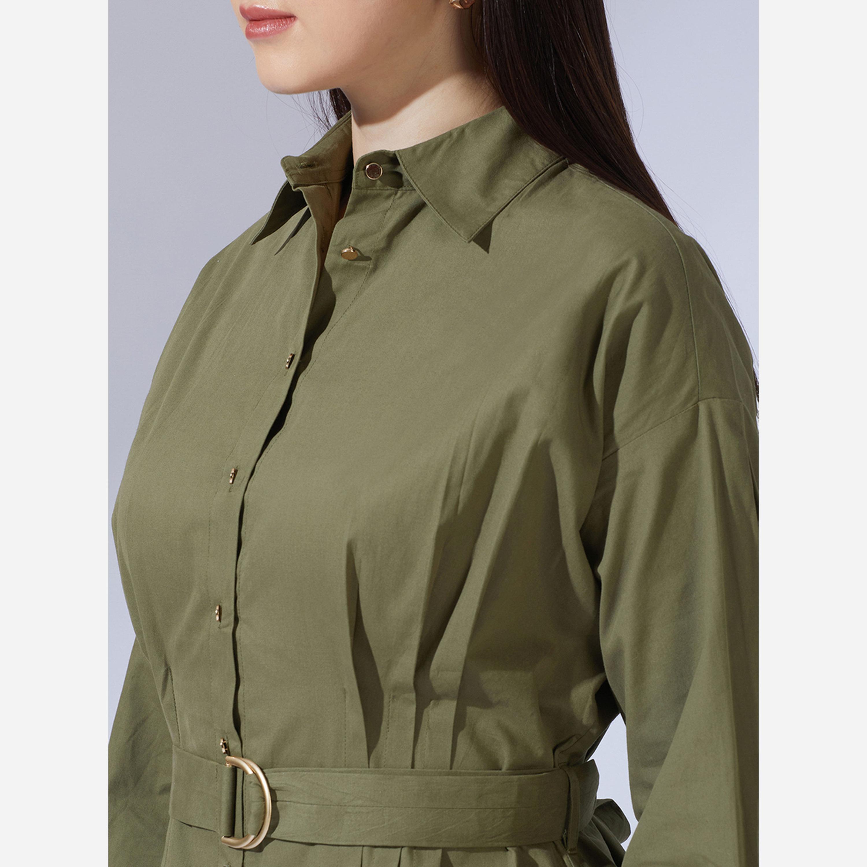 Globus X Styli Olive Collared Neck Pleated Mini Dress with Belt-women-clothing-dresses-image-4