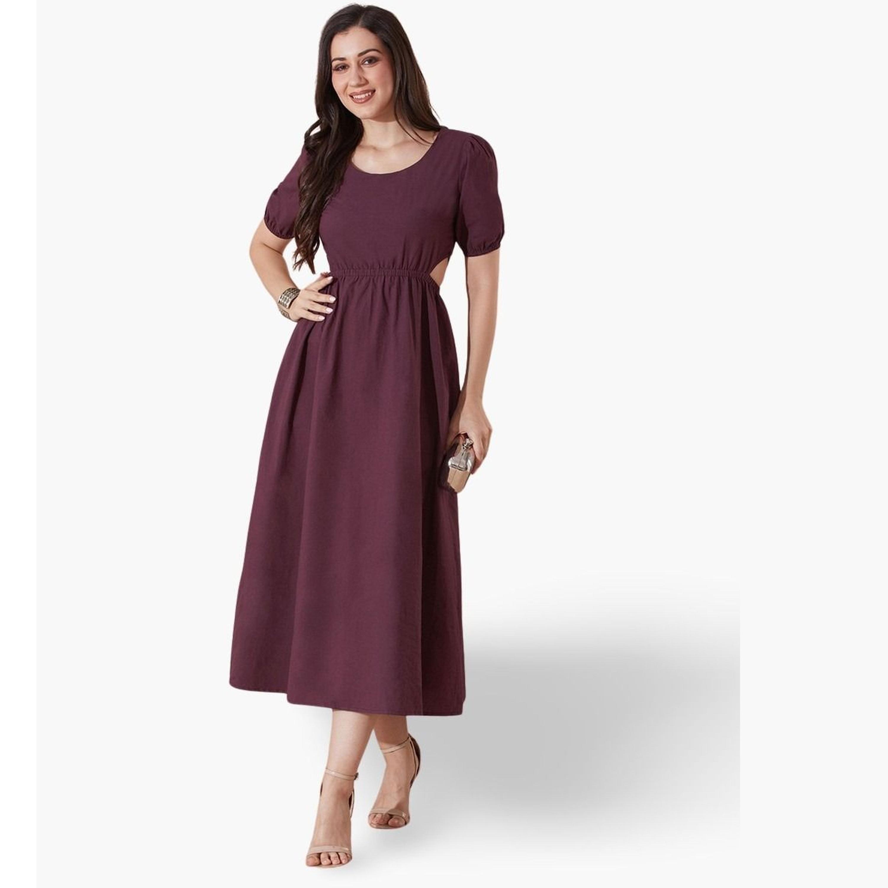 غلوبوص × ستايلي - فستان متوسط ​​الطول بأكمام منتفخة وتفاصيل مقصوصة باللون البرغندي-women-clothing-dresses-image-1