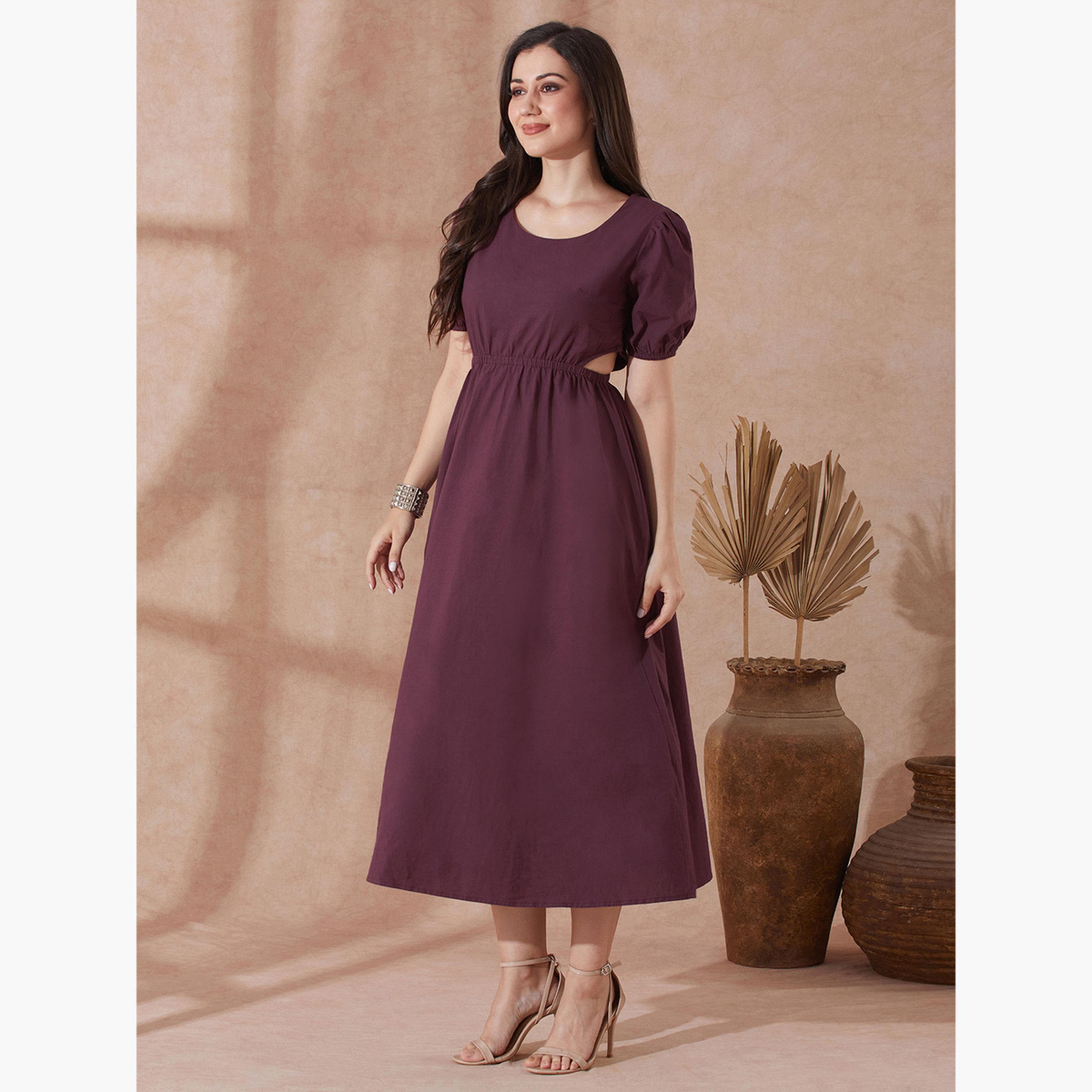 غلوبوص × ستايلي - فستان متوسط ​​الطول بأكمام منتفخة وتفاصيل مقصوصة باللون البرغندي-women-clothing-dresses-image-2