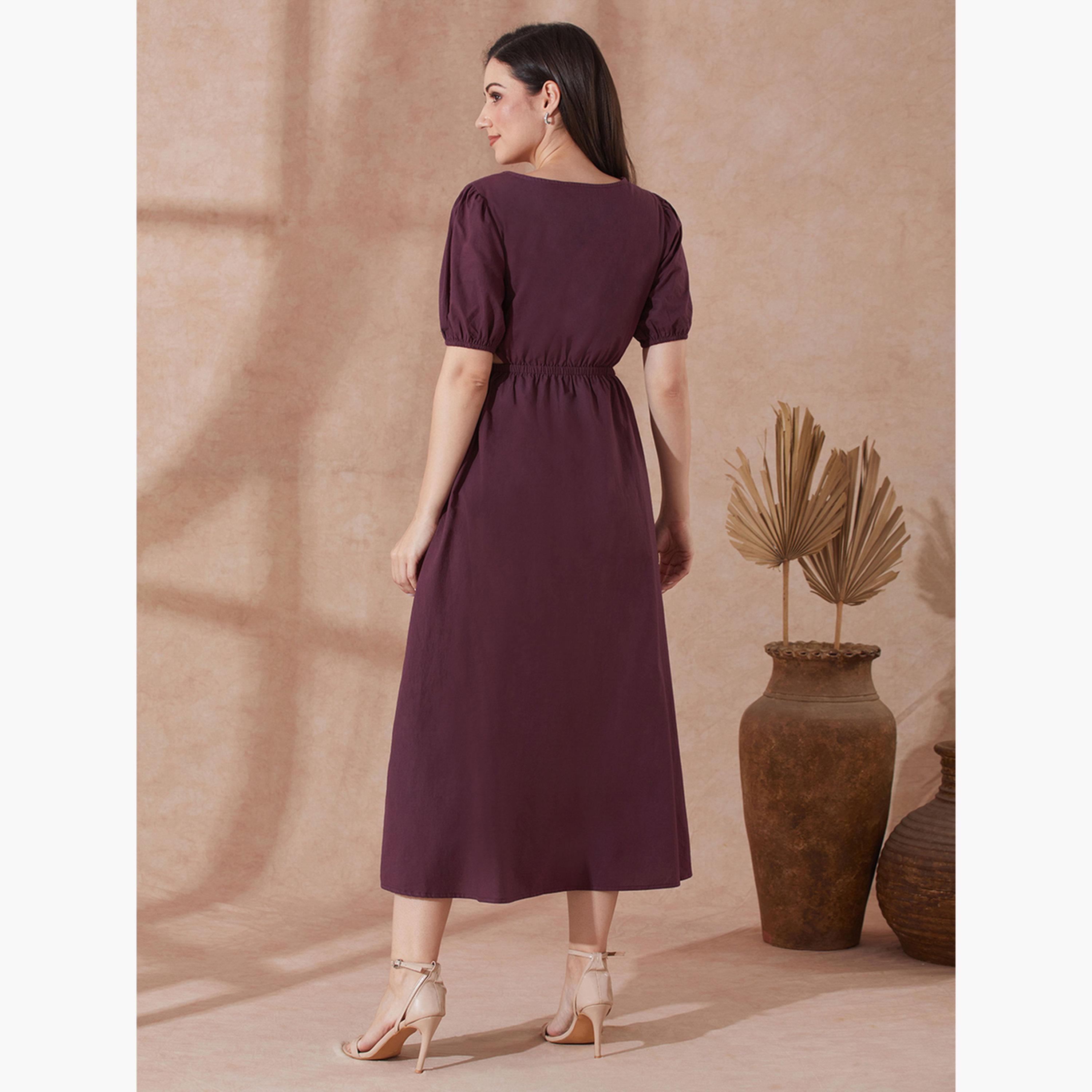 غلوبوص × ستايلي - فستان متوسط ​​الطول بأكمام منتفخة وتفاصيل مقصوصة باللون البرغندي-women-clothing-dresses-image-3