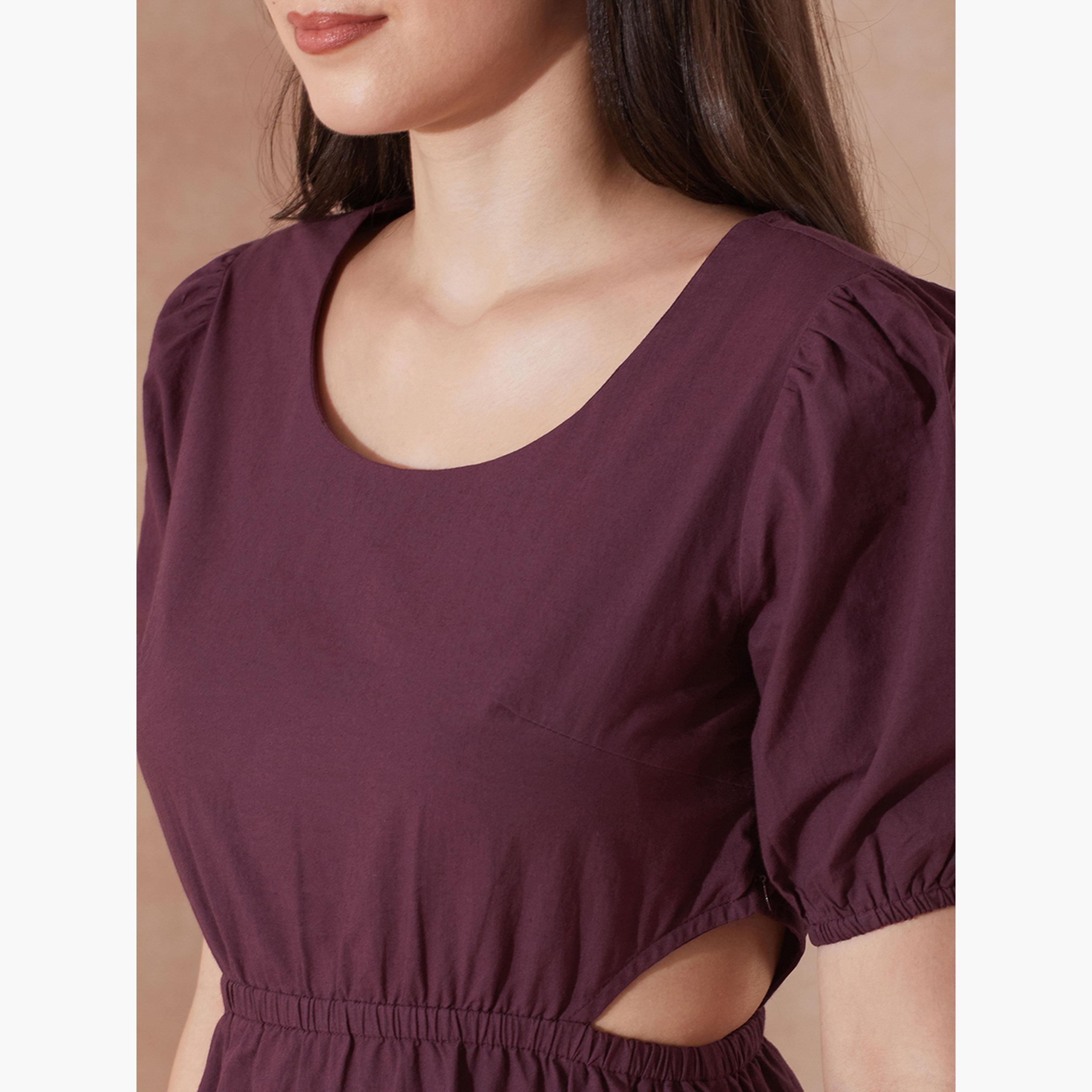 غلوبوص × ستايلي - فستان متوسط ​​الطول بأكمام منتفخة وتفاصيل مقصوصة باللون البرغندي-women-clothing-dresses-image-4