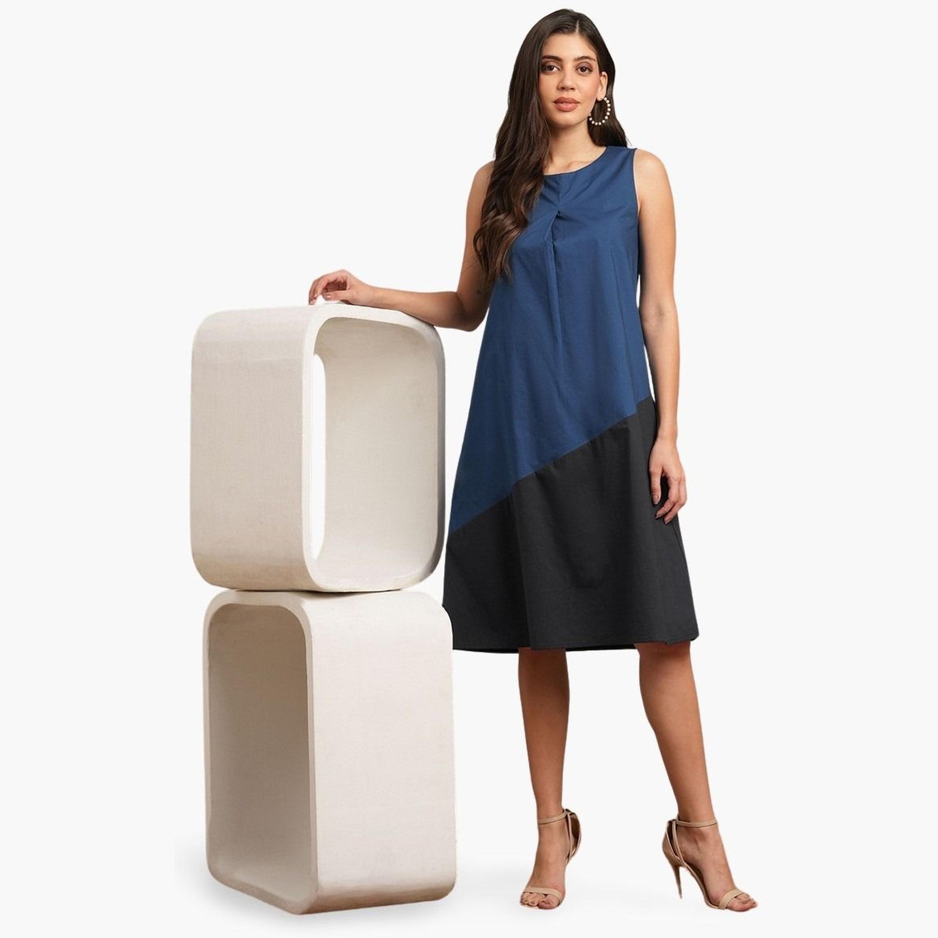 Globus X Styli Blue Color Block A-Line Knee Length Dress-women-clothing-dresses-image-1