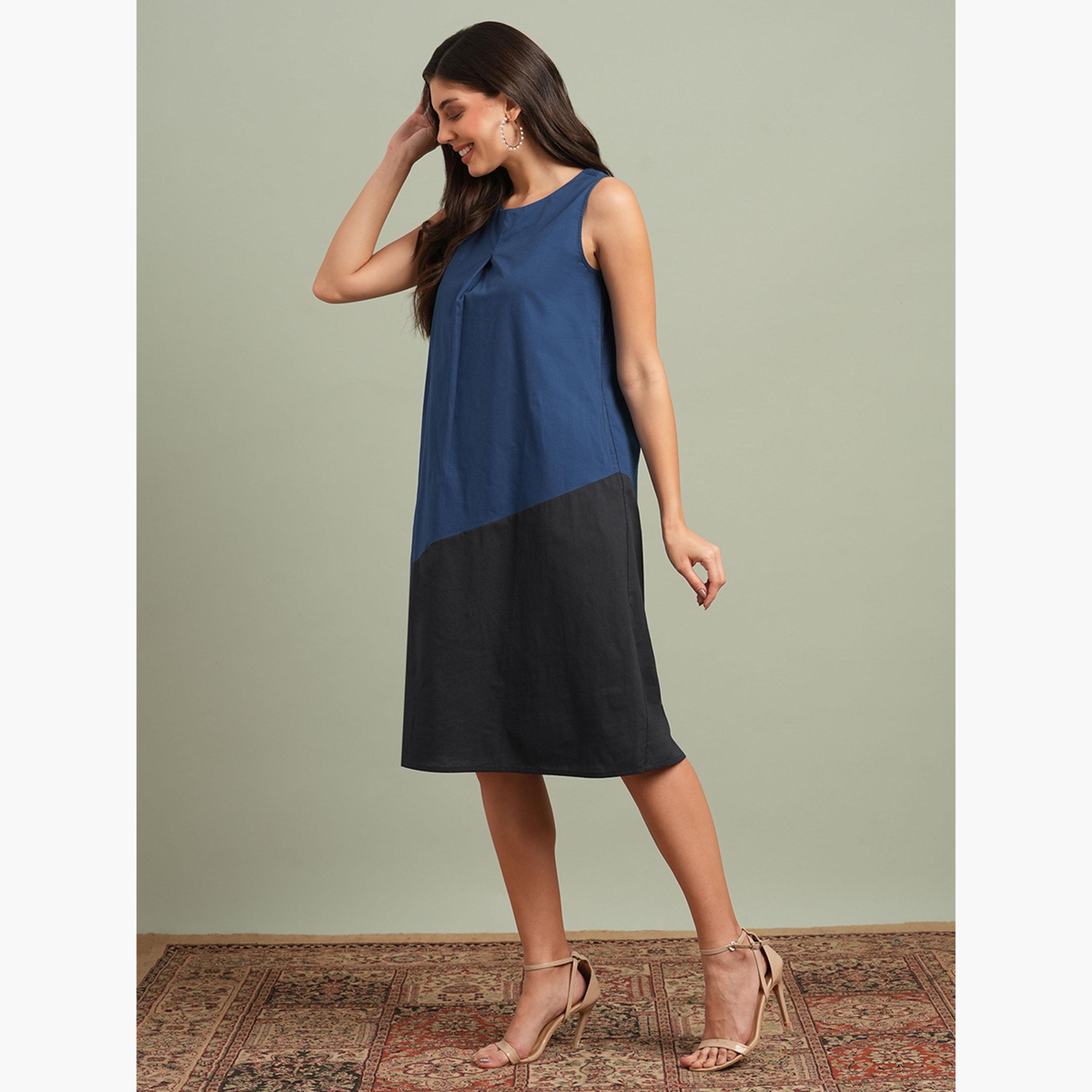 Globus X Styli Blue Color Block A-Line Knee Length Dress-women-clothing-dresses-image-2