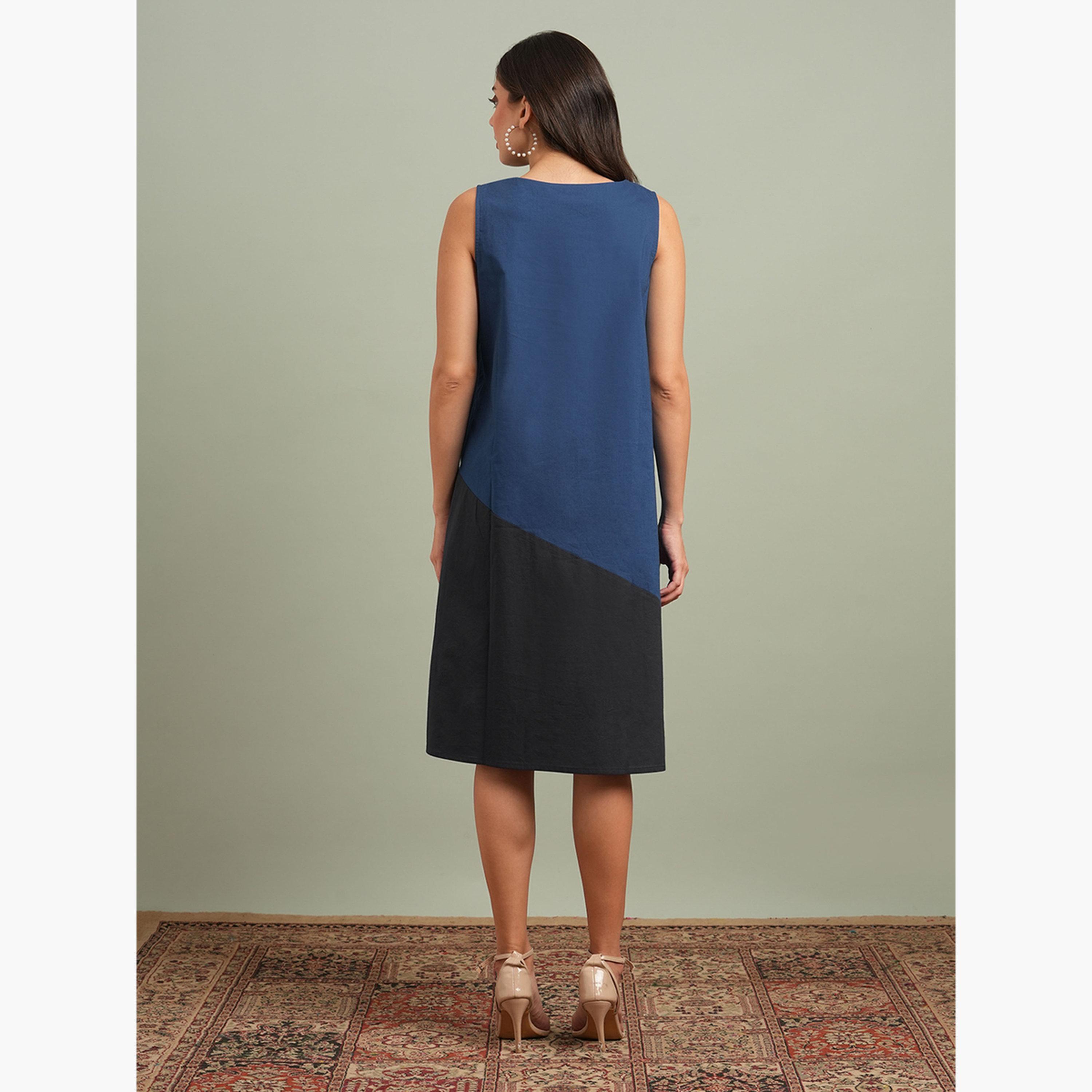 غلوبوص × ستايلي - فستان أزرق اللون بطول الركبة تصميم حرف A-women-clothing-dresses-image-3