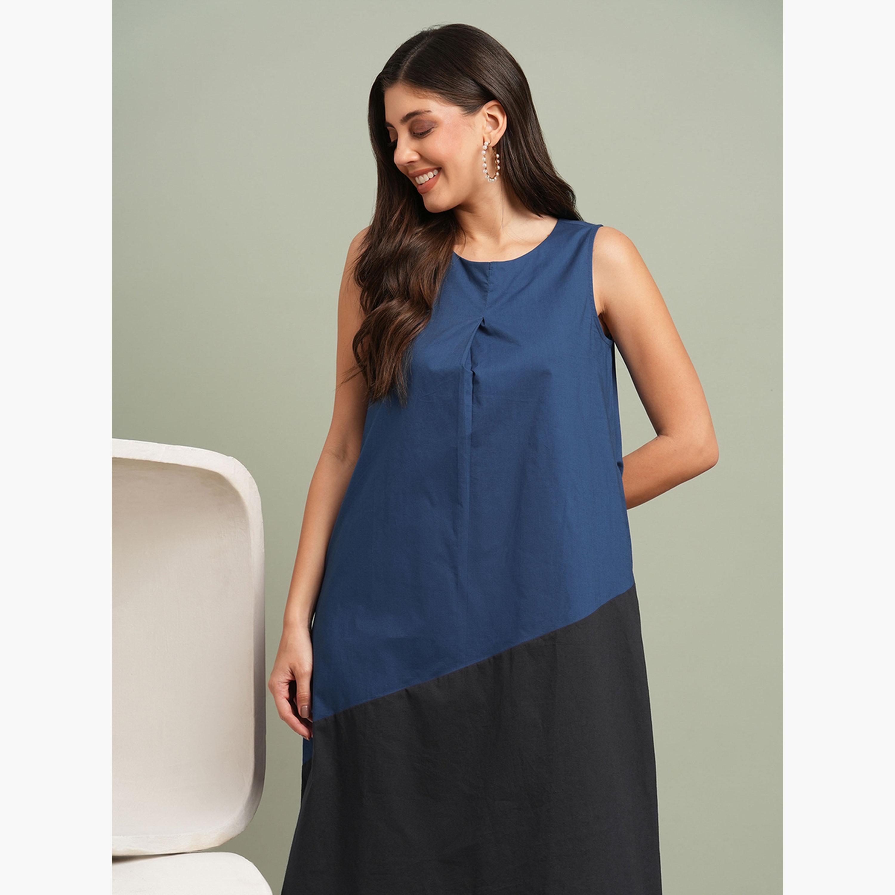 Globus X Styli Blue Color Block A-Line Knee Length Dress-women-clothing-dresses-image-5