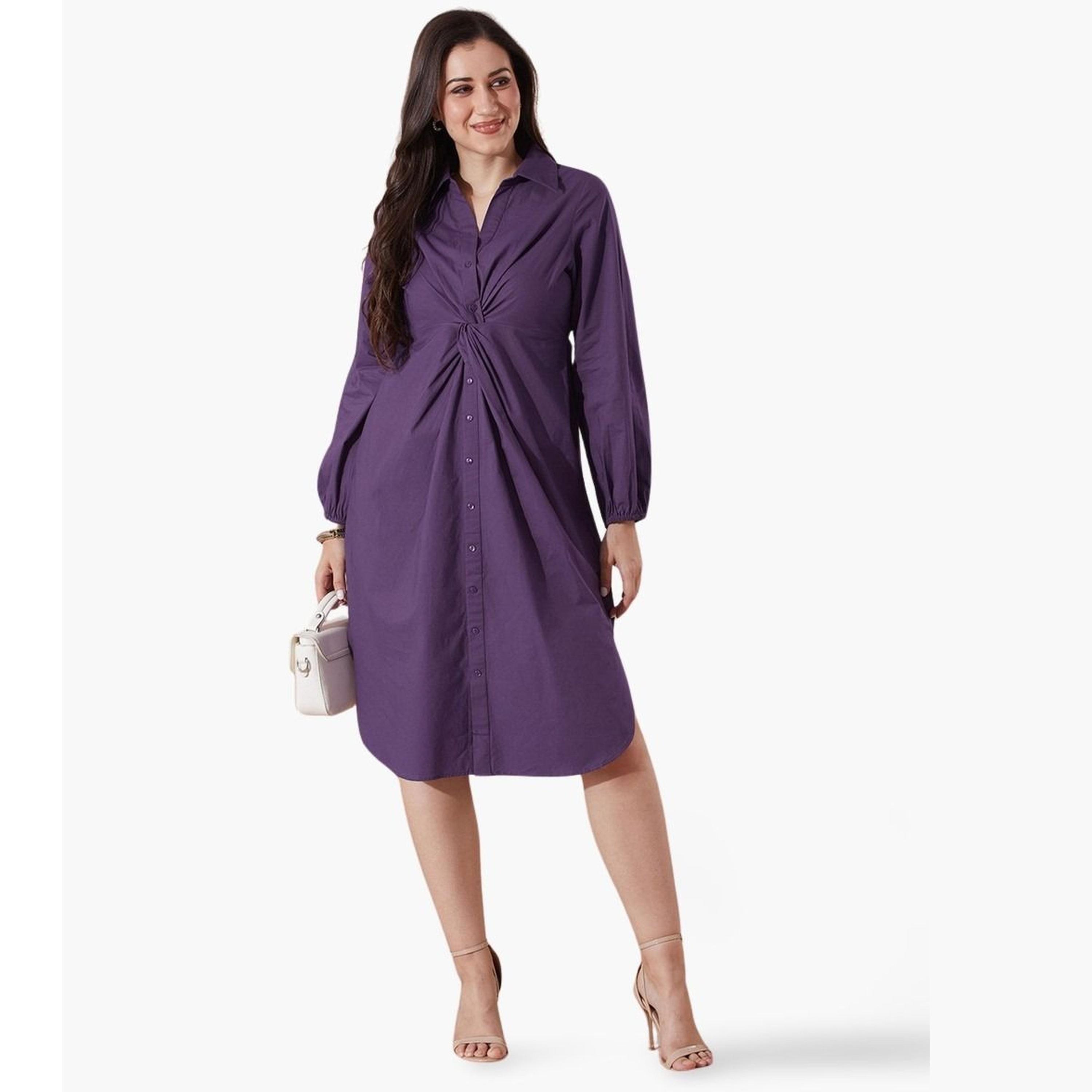 Globus X Styli Mauve Collared Neck Twist Knot Midi Dress-women-clothing-dresses-image-1