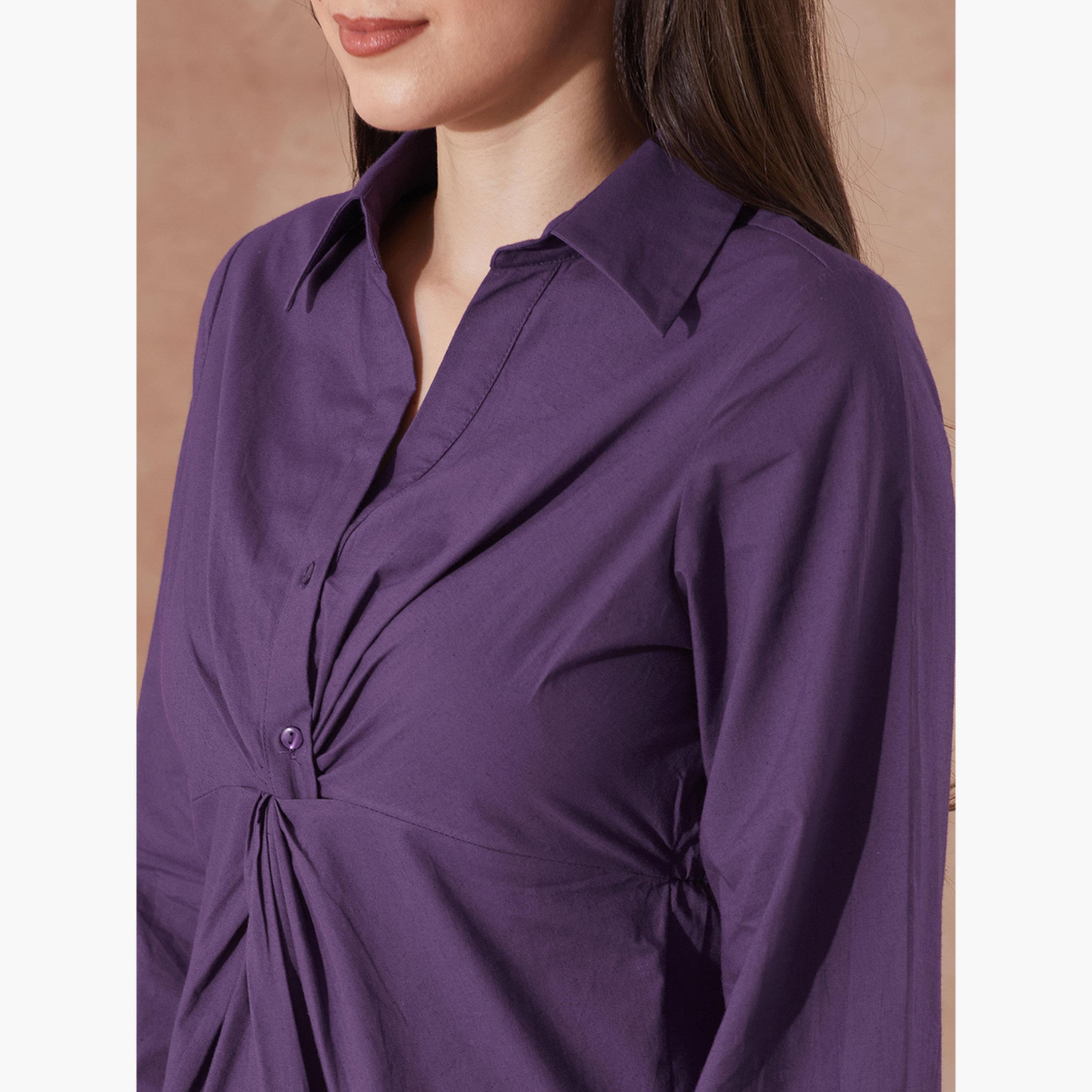 Globus X Styli Mauve Collared Neck Twist Knot Midi Dress-women-clothing-dresses-image-4