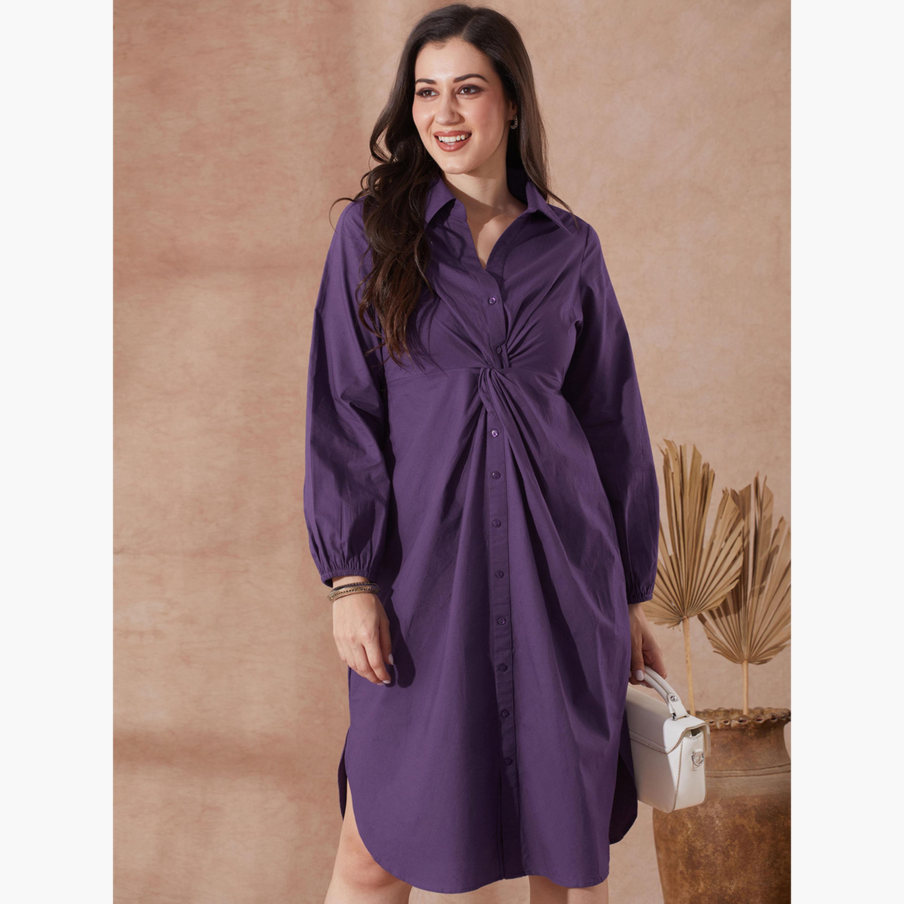 غلوبوص × ستايلي - فستان متوسط الطول بنفسجي اللون مع ياقة وعقدة ملتوية-women-clothing-dresses-image-5