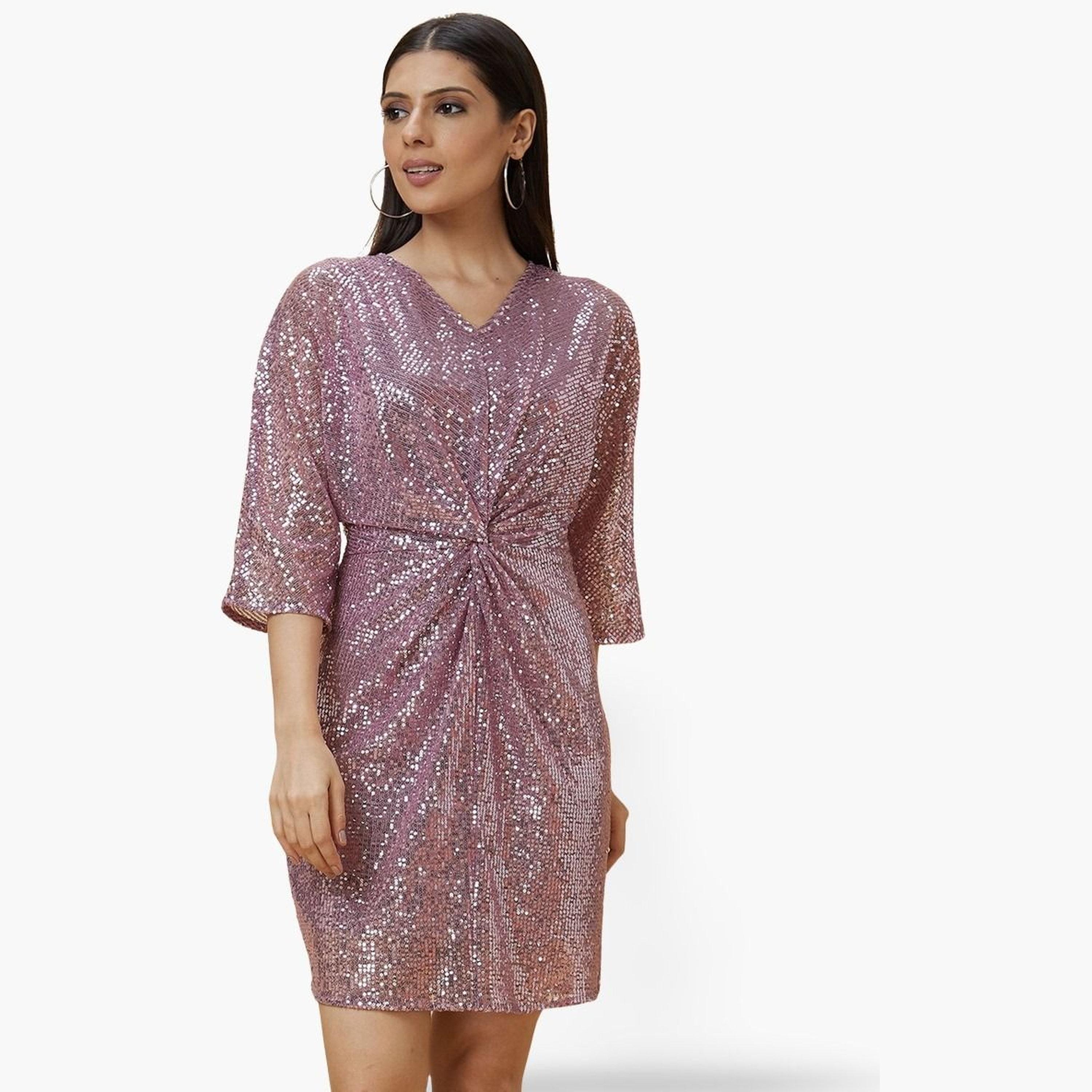 Globus X Styli Pink Sequined Twisted Mini Dress-women-clothing-dresses-image-1