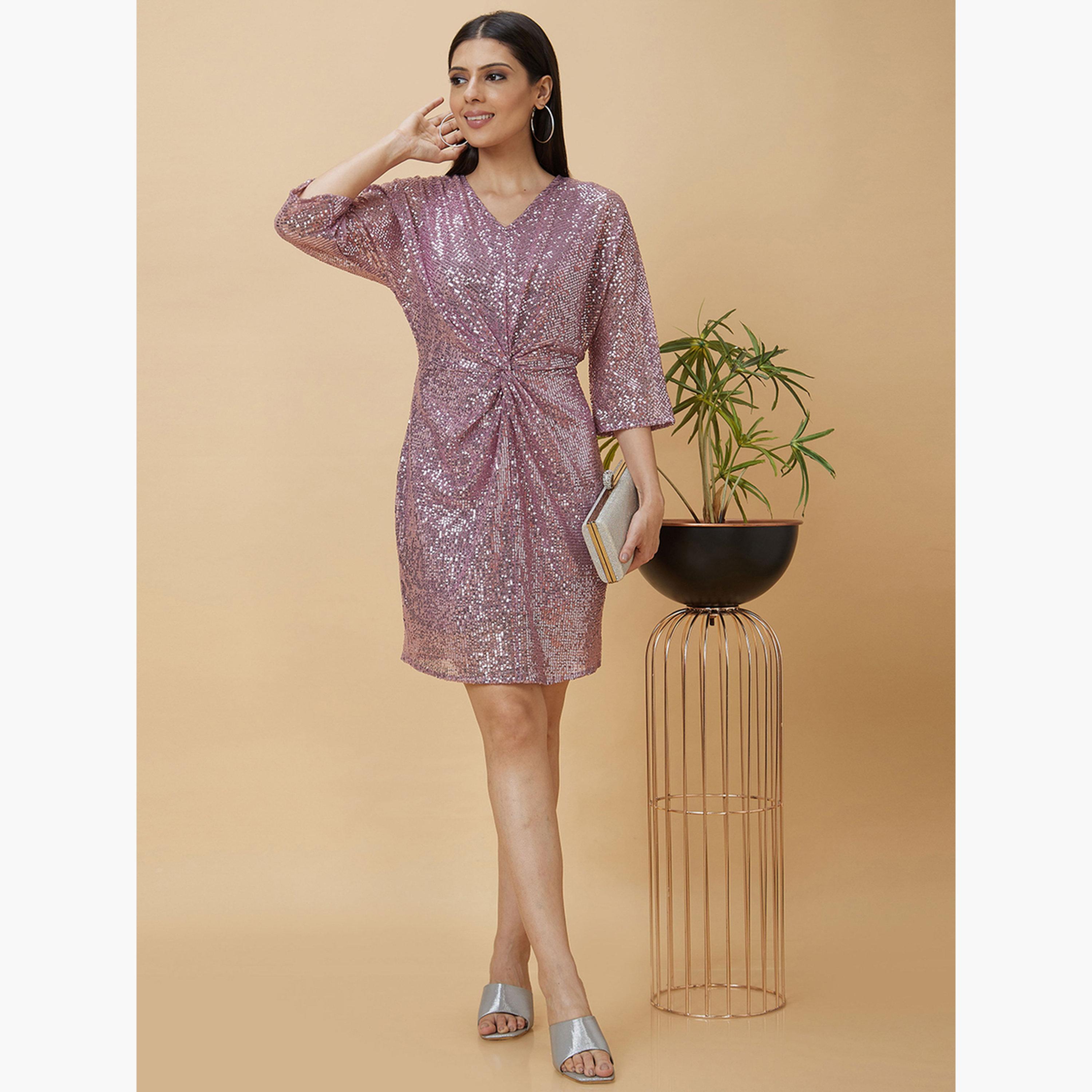 Globus X Styli Pink Sequined Twisted Mini Dress-women-clothing-dresses-image-2