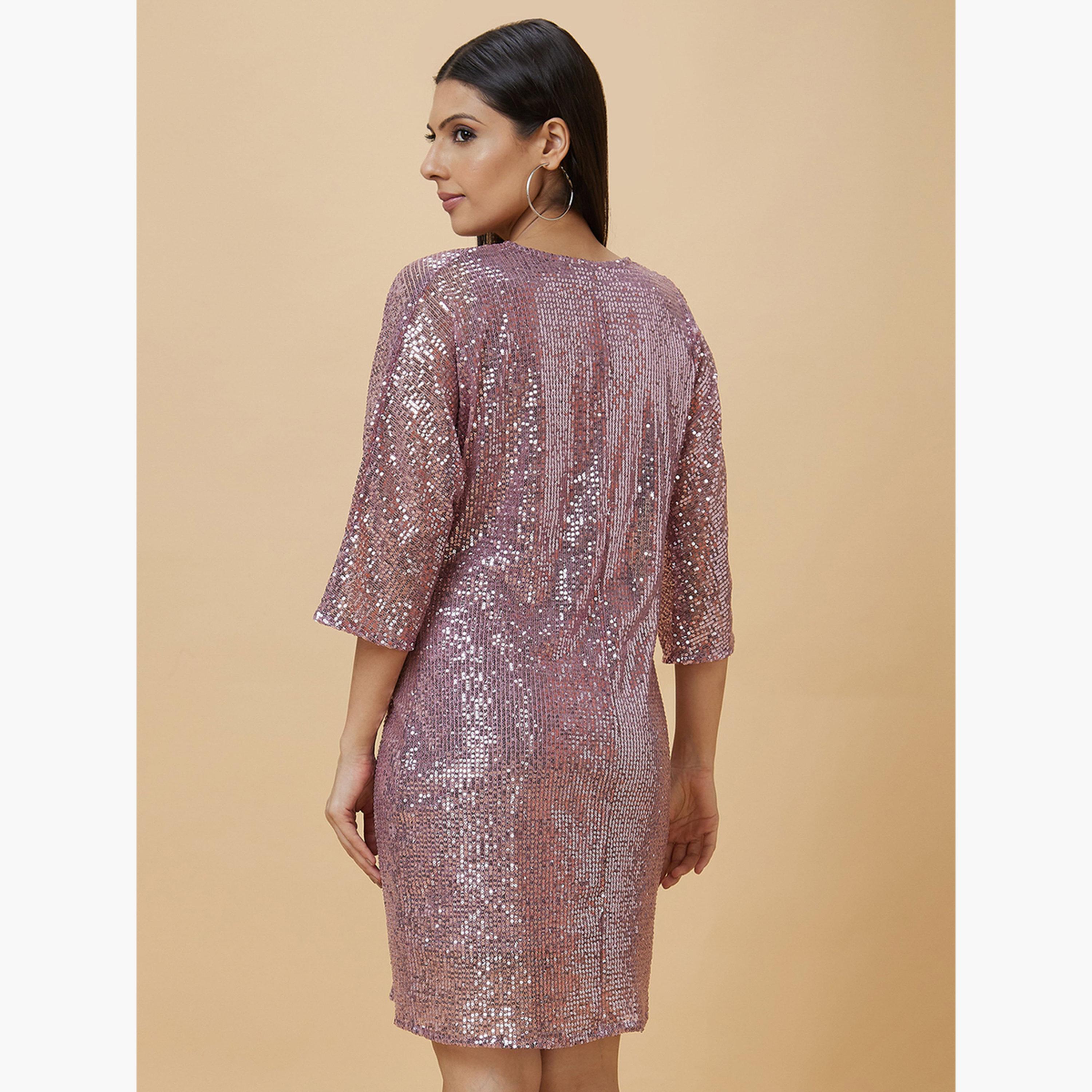Globus X Styli Pink Sequined Twisted Mini Dress-women-clothing-dresses-image-4