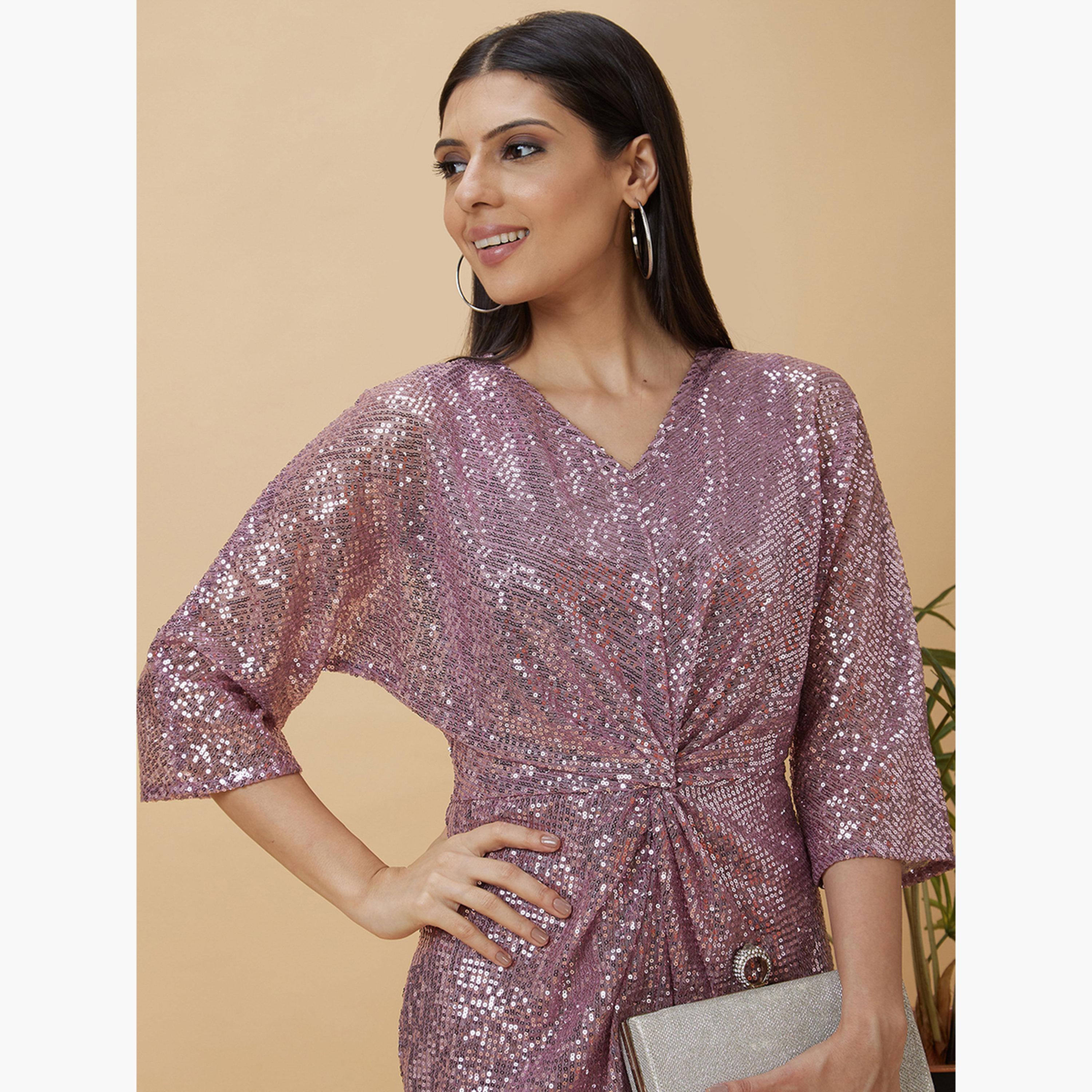 Globus X Styli Pink Sequined Twisted Mini Dress-women-clothing-dresses-image-6