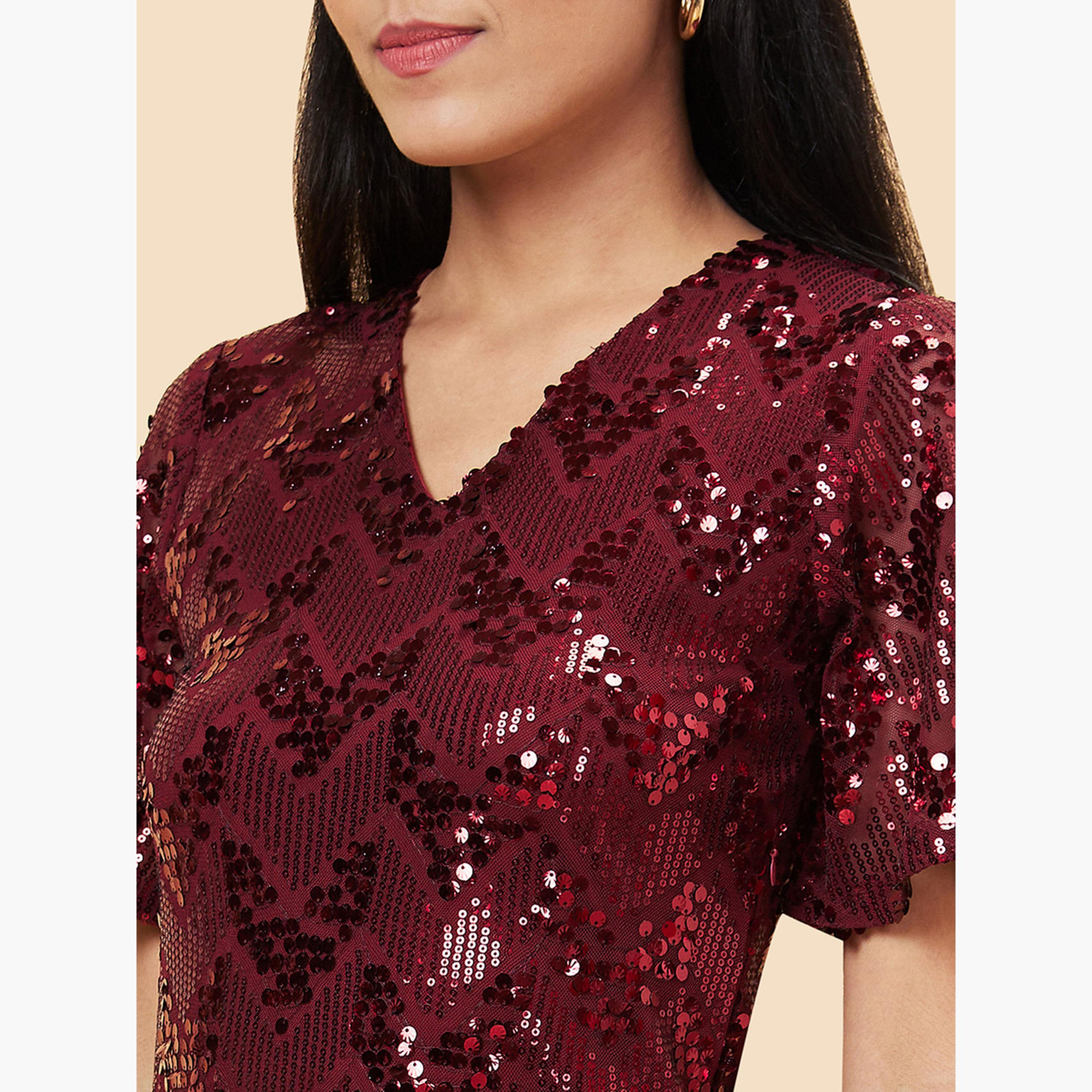 Globus X Styli Maroon Embellished Sequined Sheath Mini Dress-women-clothing-dresses-image-5
