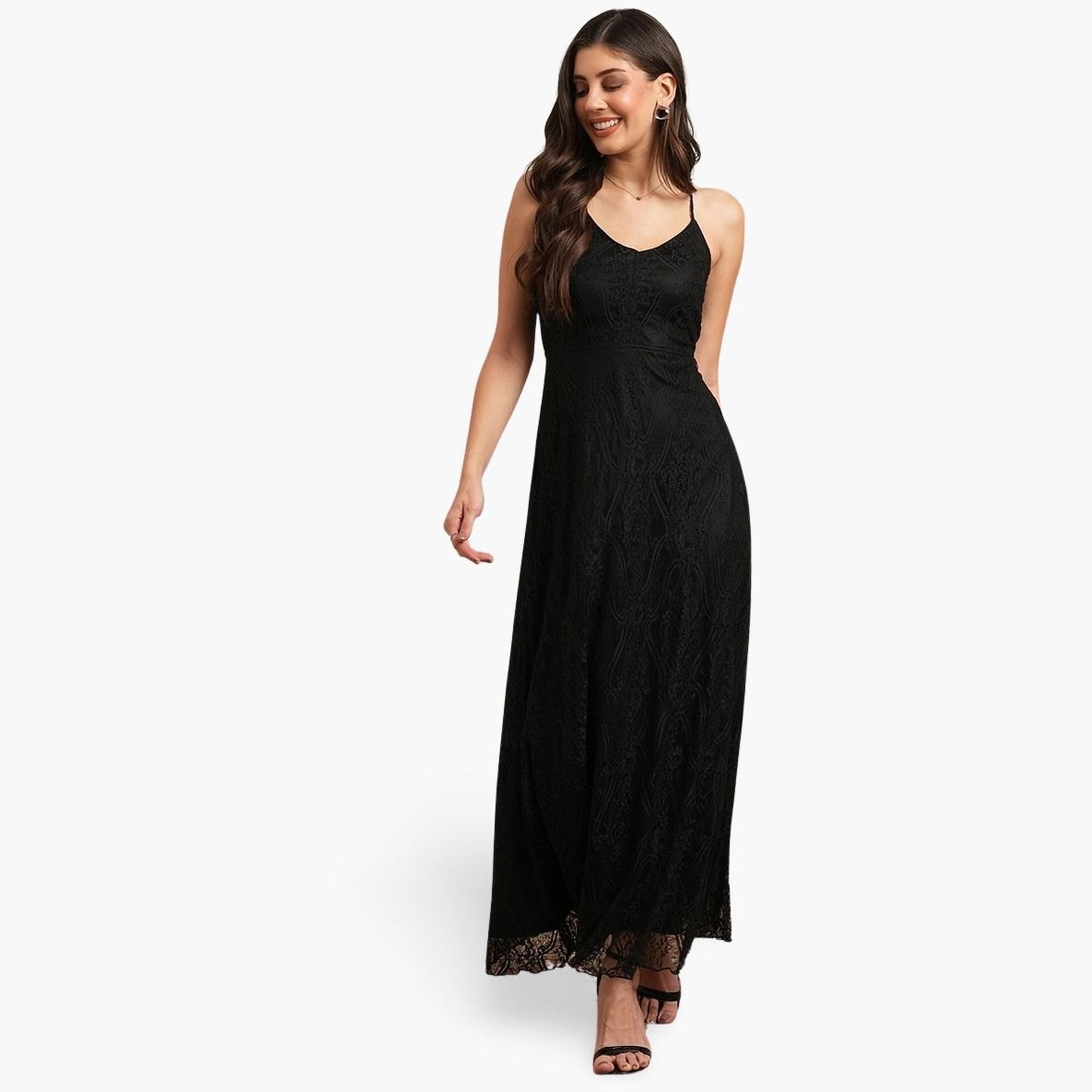 Globus X Styli Black V-Neck Back Cross Strap Lace Maxi Dress-women-clothing-dresses-image-1