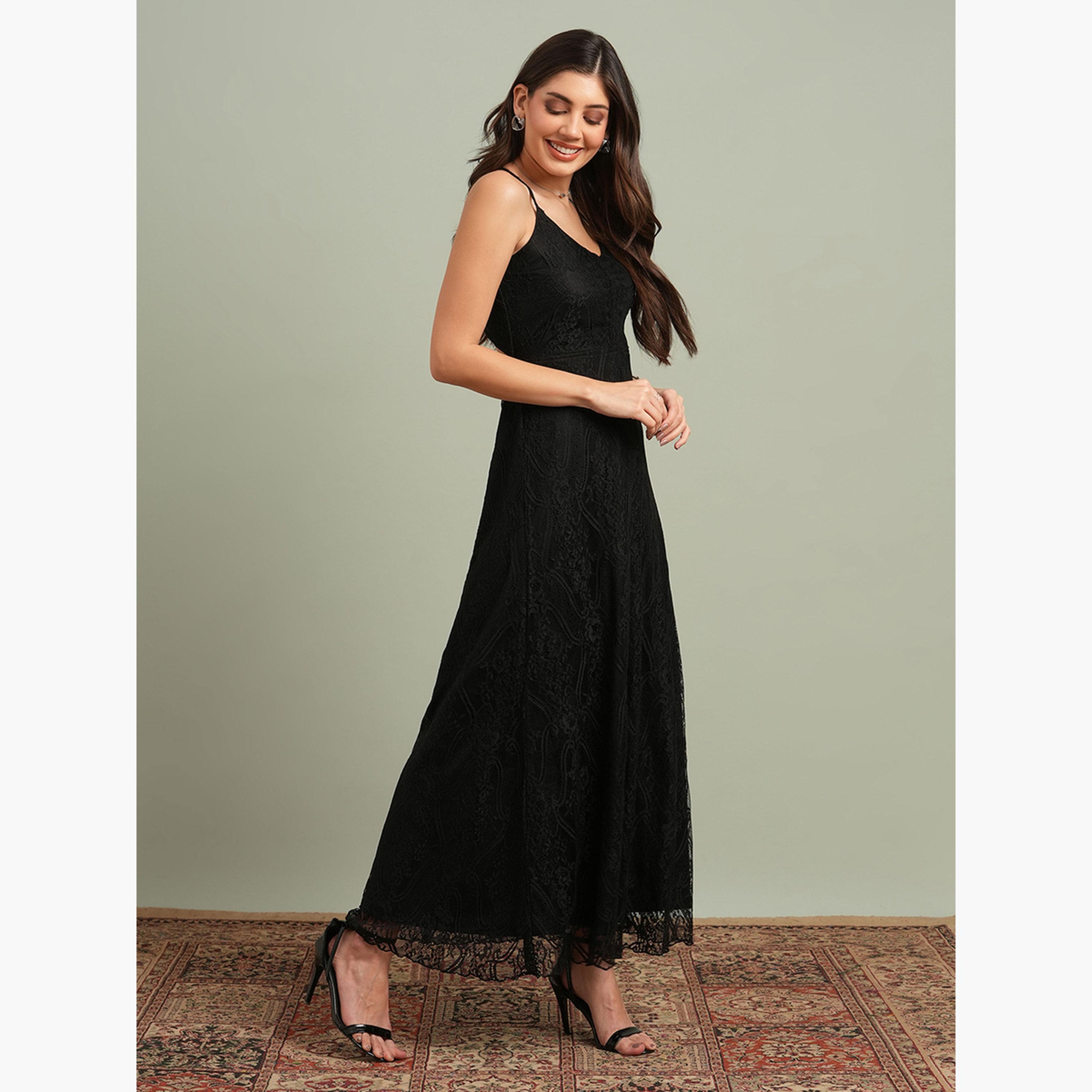 Globus X Styli Black V-Neck Back Cross Strap Lace Maxi Dress-women-clothing-dresses-image-2