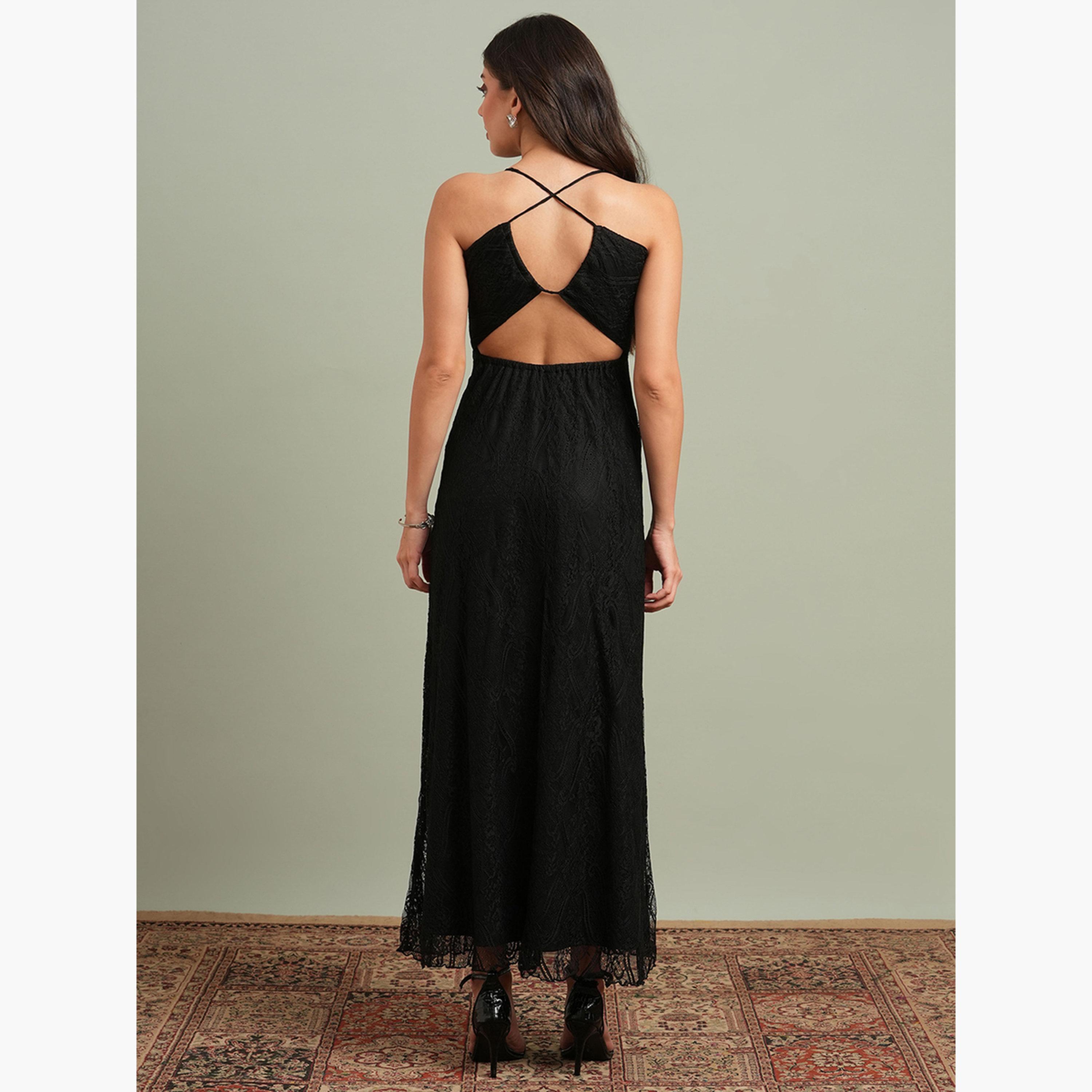 Globus X Styli Black V-Neck Back Cross Strap Lace Maxi Dress-women-clothing-dresses-image-3