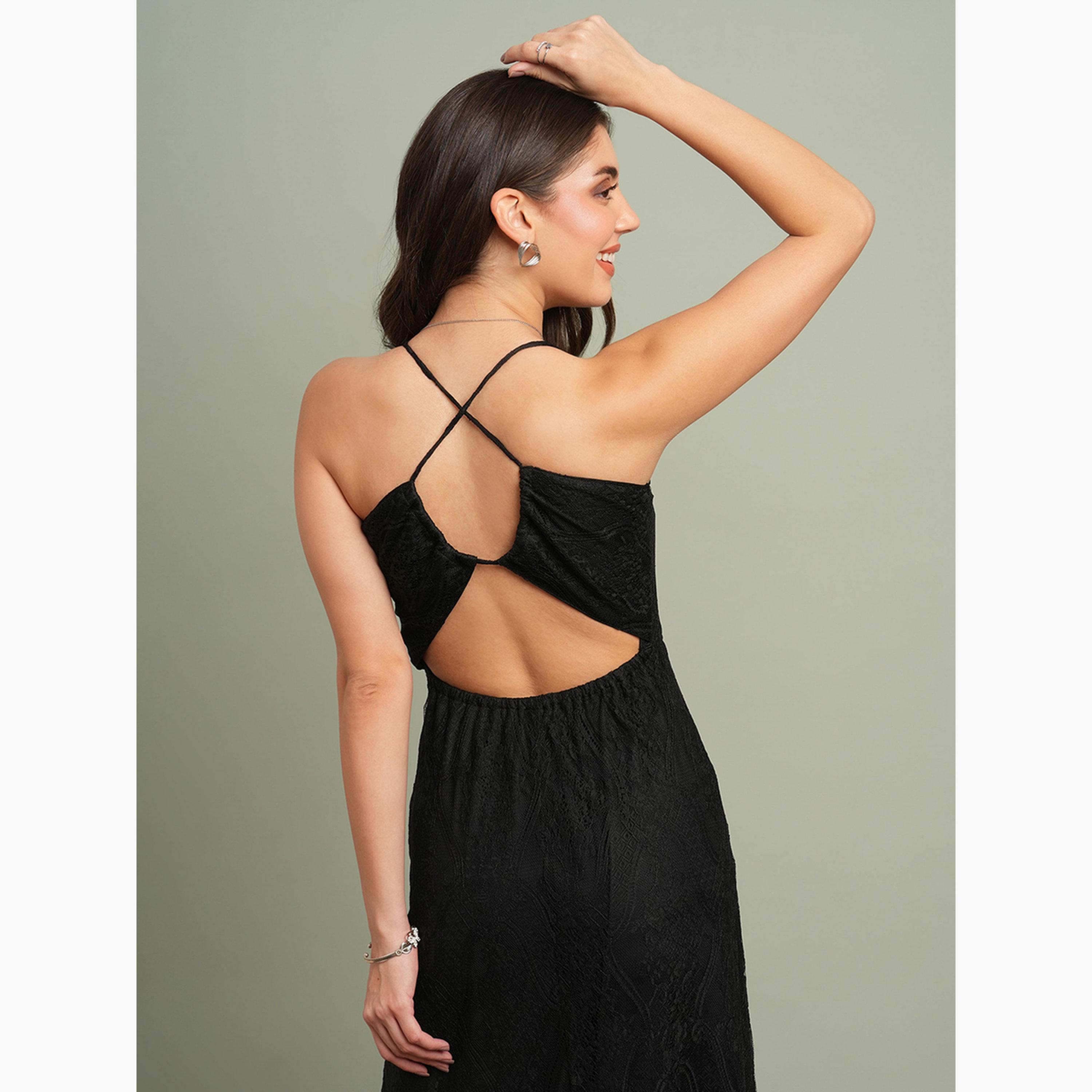 Globus X Styli Black V-Neck Back Cross Strap Lace Maxi Dress-women-clothing-dresses-image-5