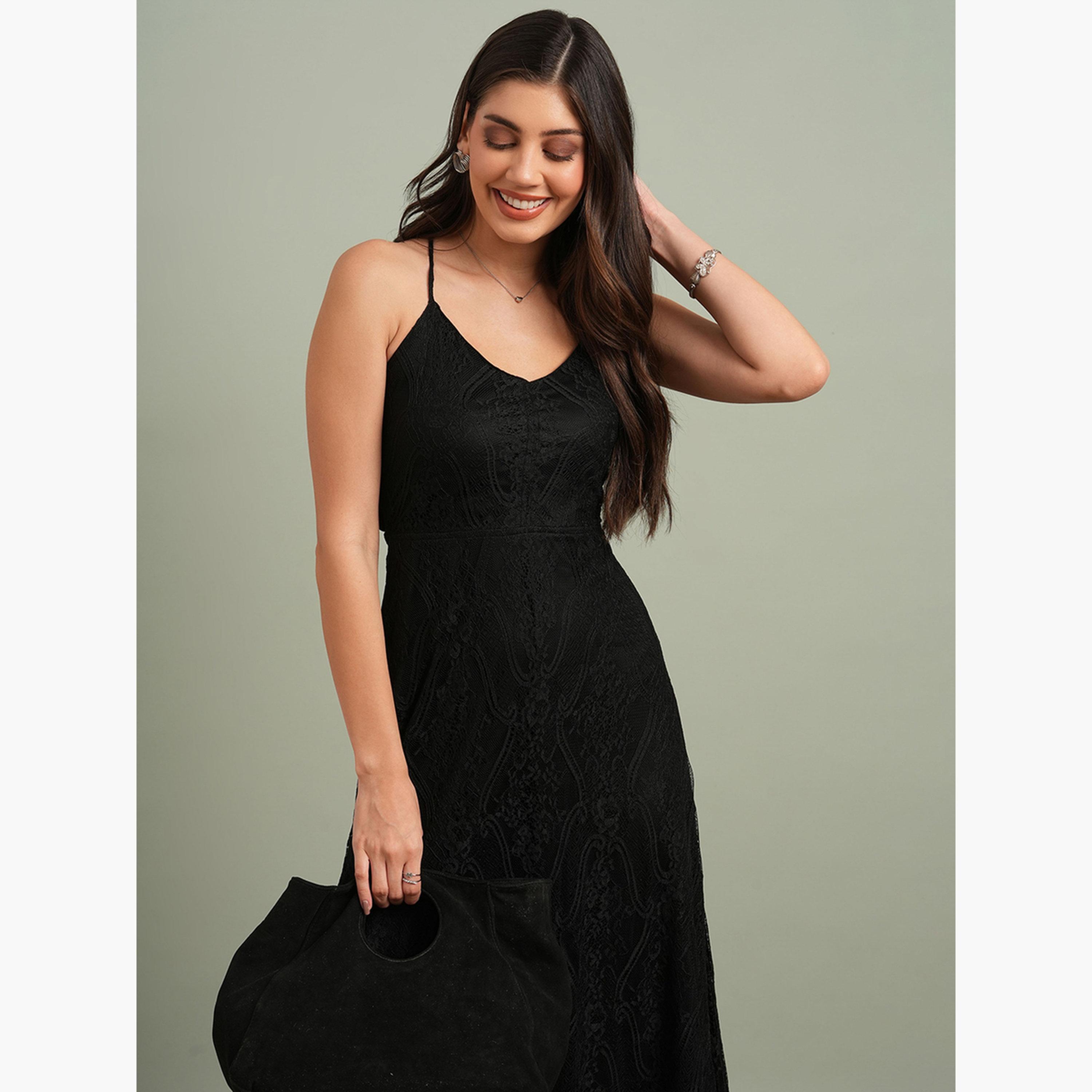 Globus X Styli Black V-Neck Back Cross Strap Lace Maxi Dress-women-clothing-dresses-image-6