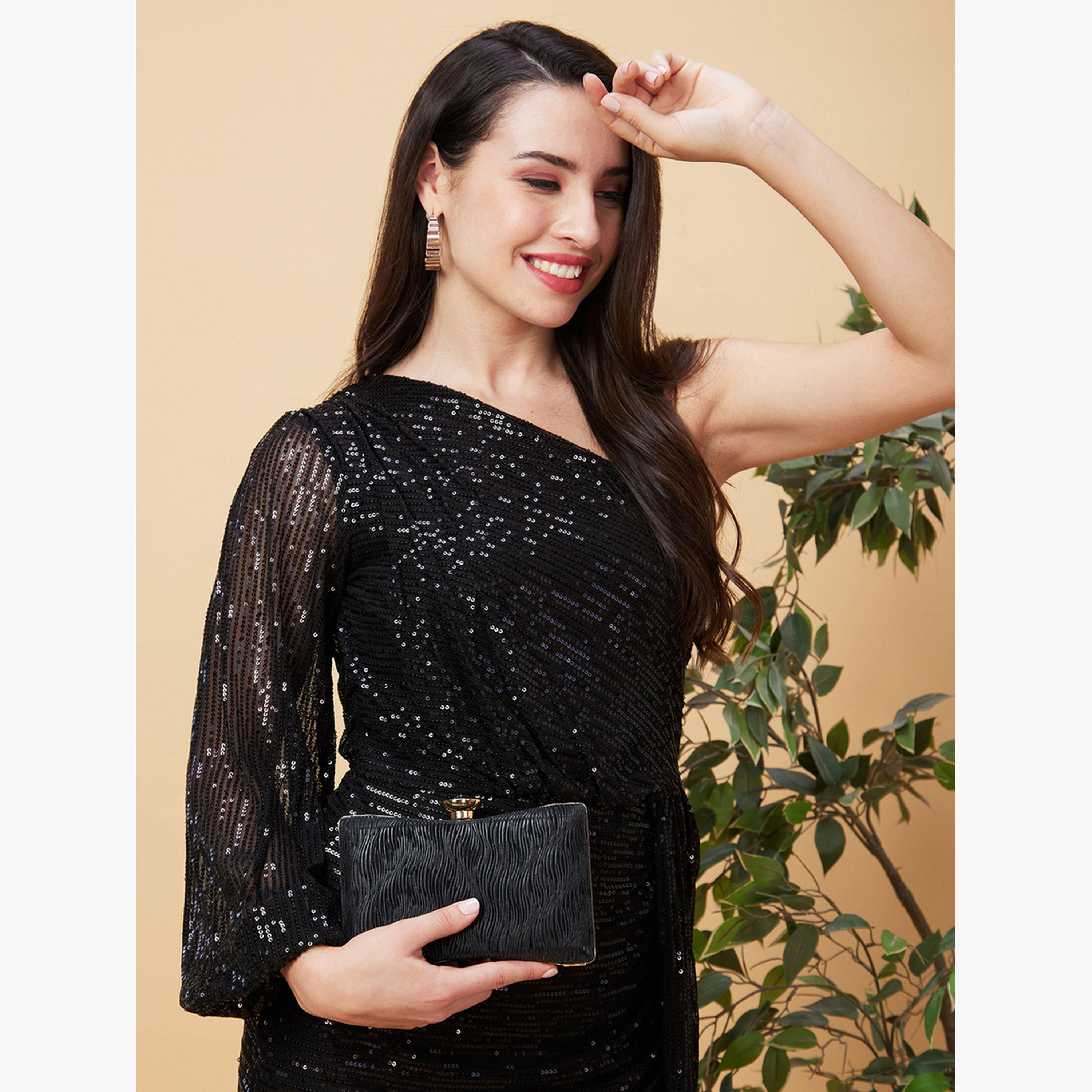 Globus X Styli Embellished One Sleeves Tulip Hem Bodycon Mini Dress-women-clothing-dresses-image-6