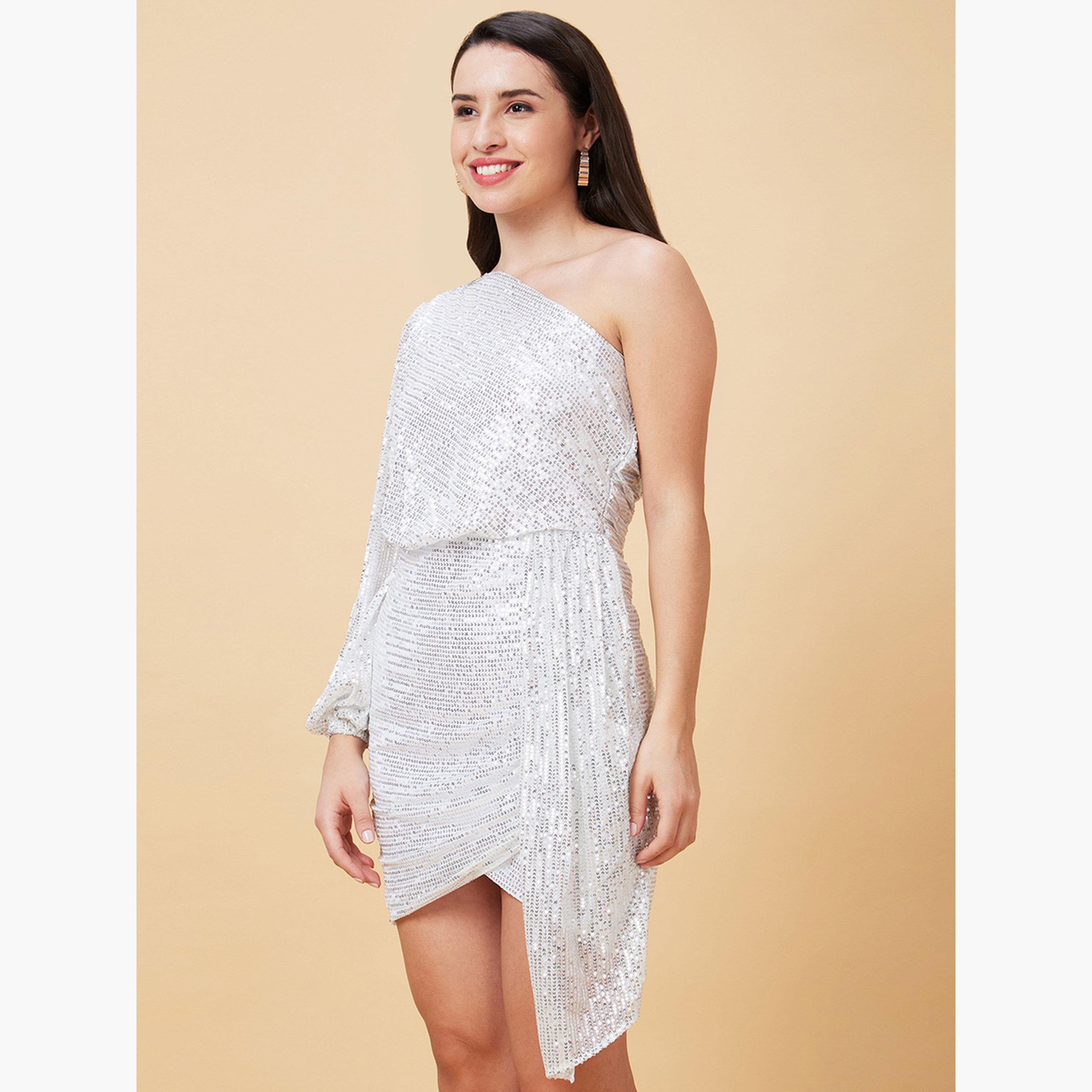 غلوبوص × ستايلي - فستان قصير ضيق بأكمام واحدة وحافة توليب مزخرف-women-clothing-dresses-image-3