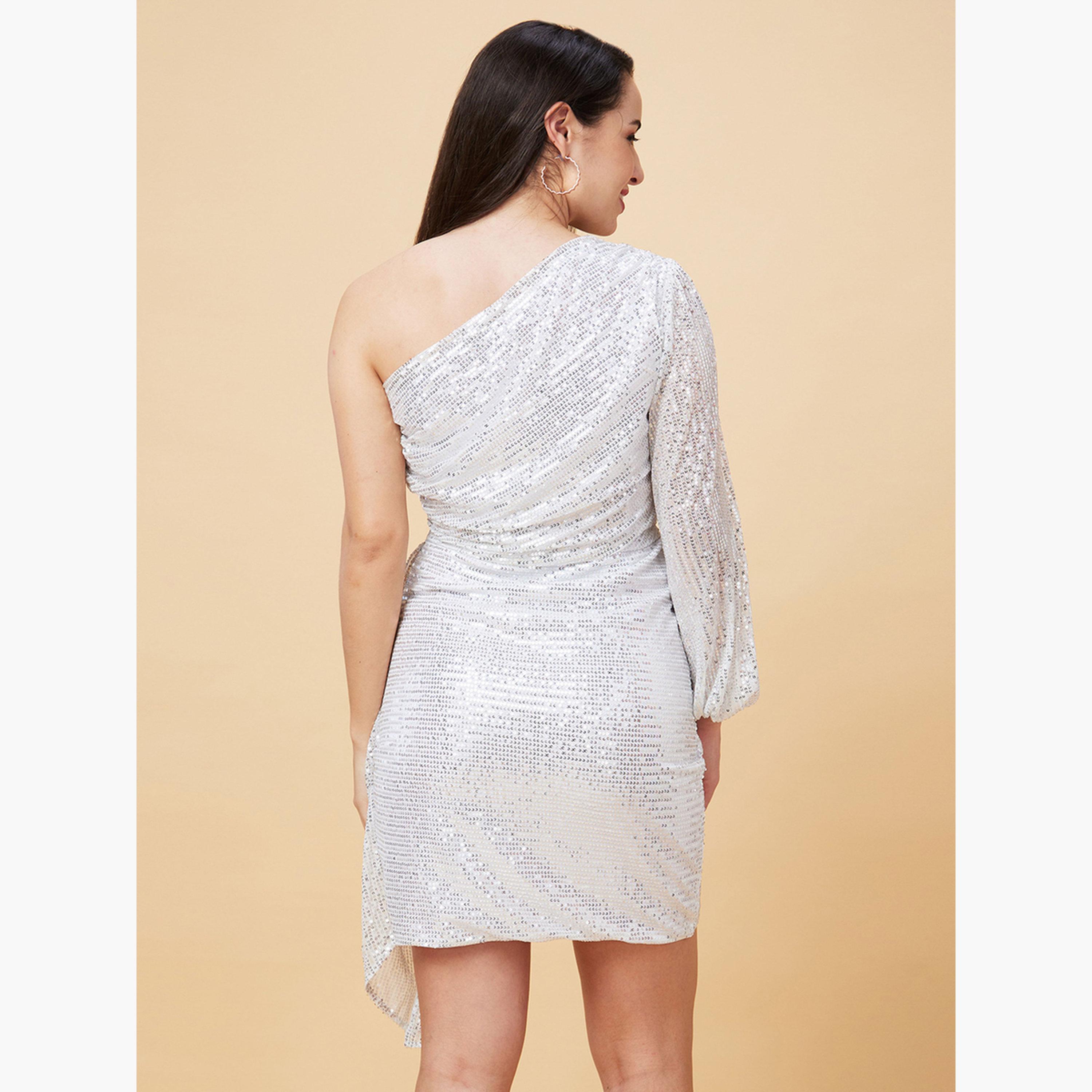 غلوبوص × ستايلي - فستان قصير ضيق بأكمام واحدة وحافة توليب مزخرف-women-clothing-dresses-image-4