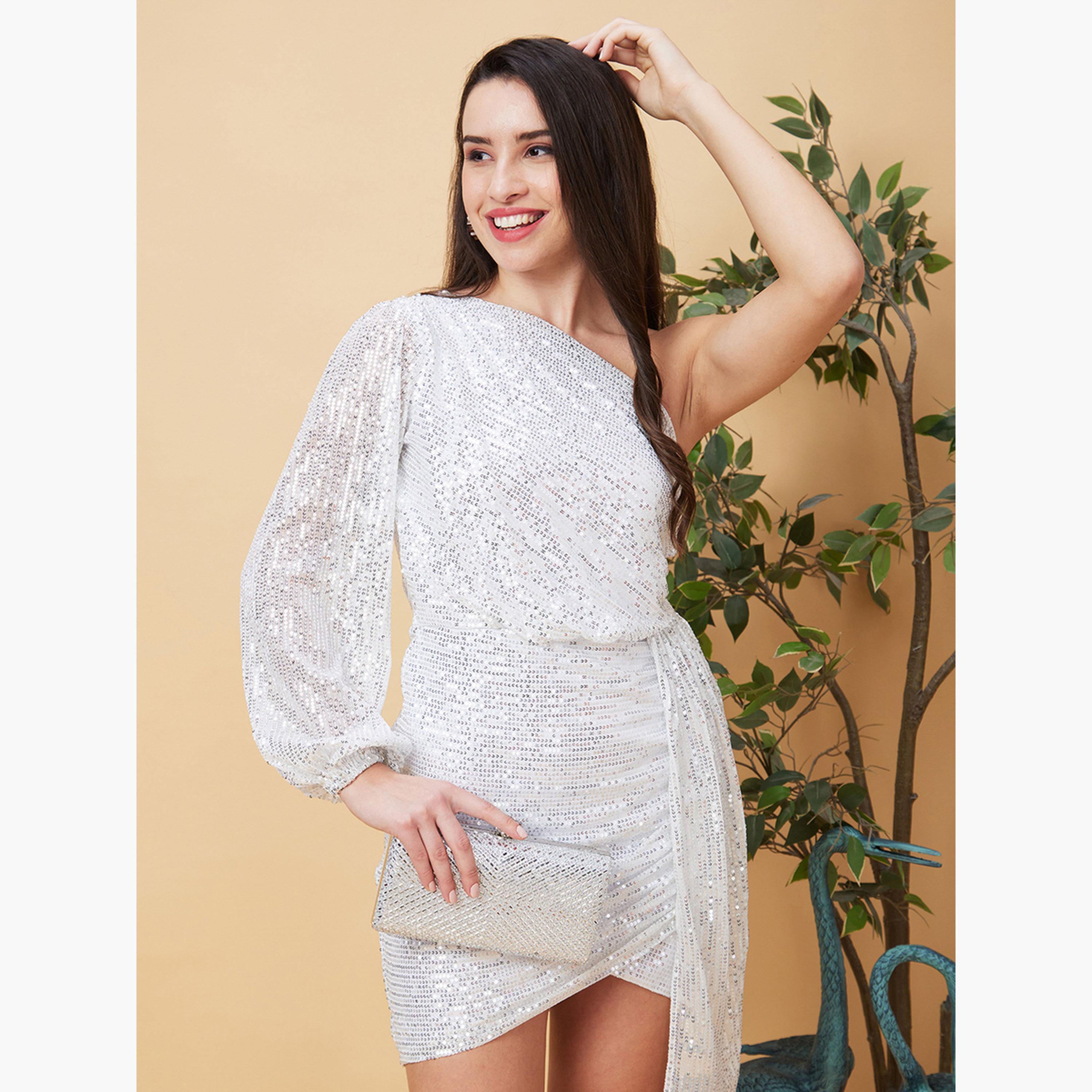 غلوبوص × ستايلي - فستان قصير ضيق بأكمام واحدة وحافة توليب مزخرف-women-clothing-dresses-image-6