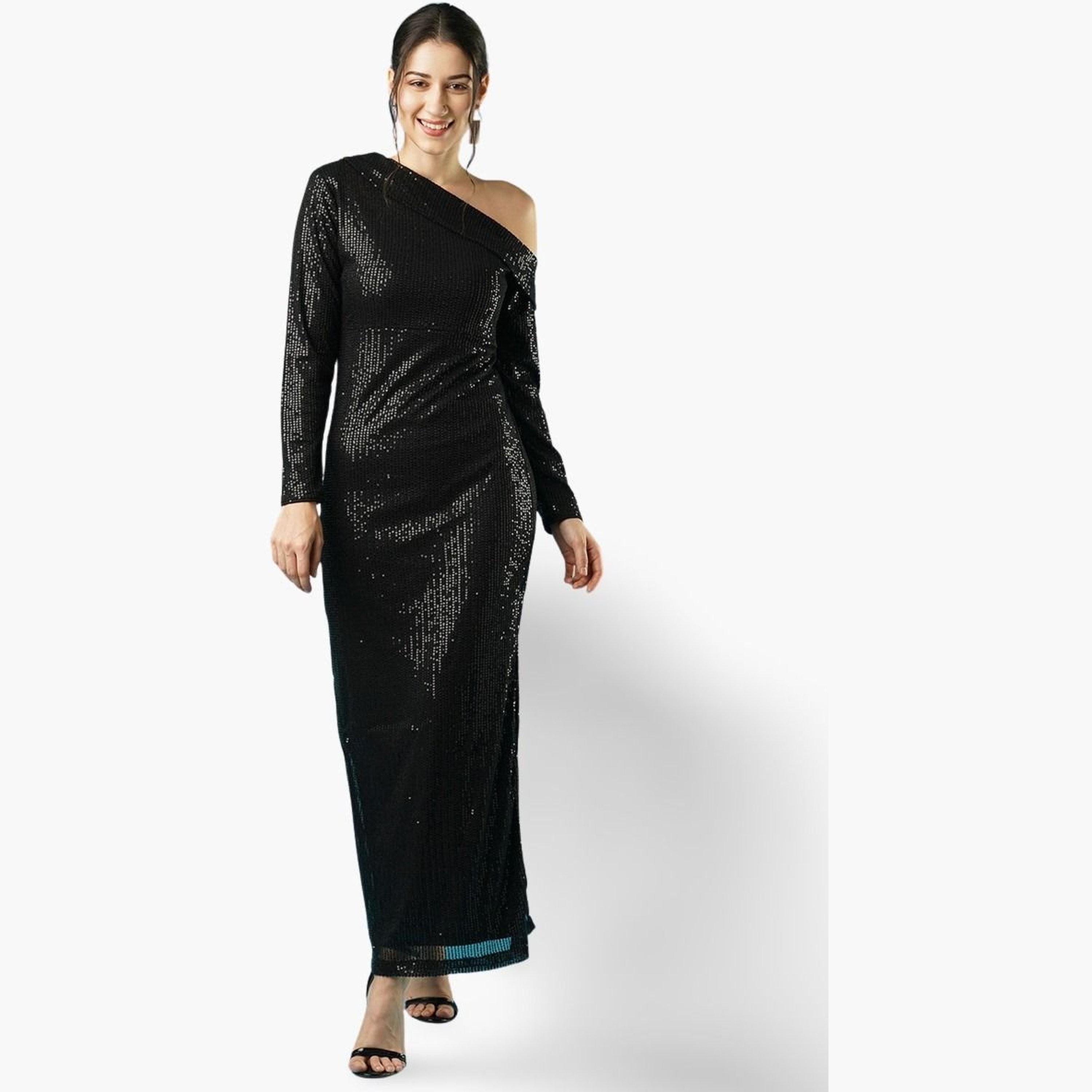 غلوبوص × ستايلي - فستان ماكسي أسود بكتف واحد مزين بالترتر-women-clothing-dresses-image-1