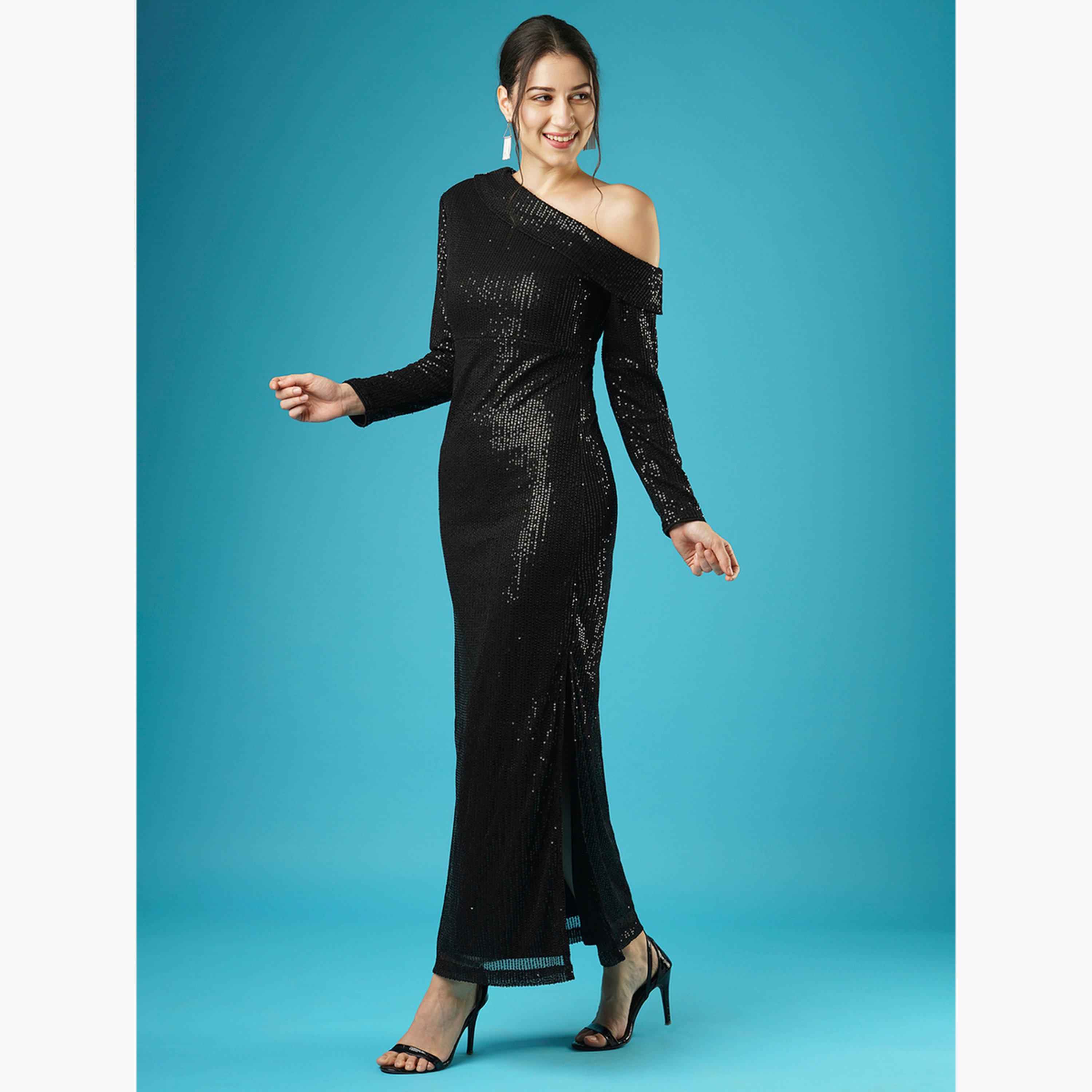 Globus X Styli Black Sequined One Shoulder Sheath Maxi Dress-women-clothing-dresses-image-2
