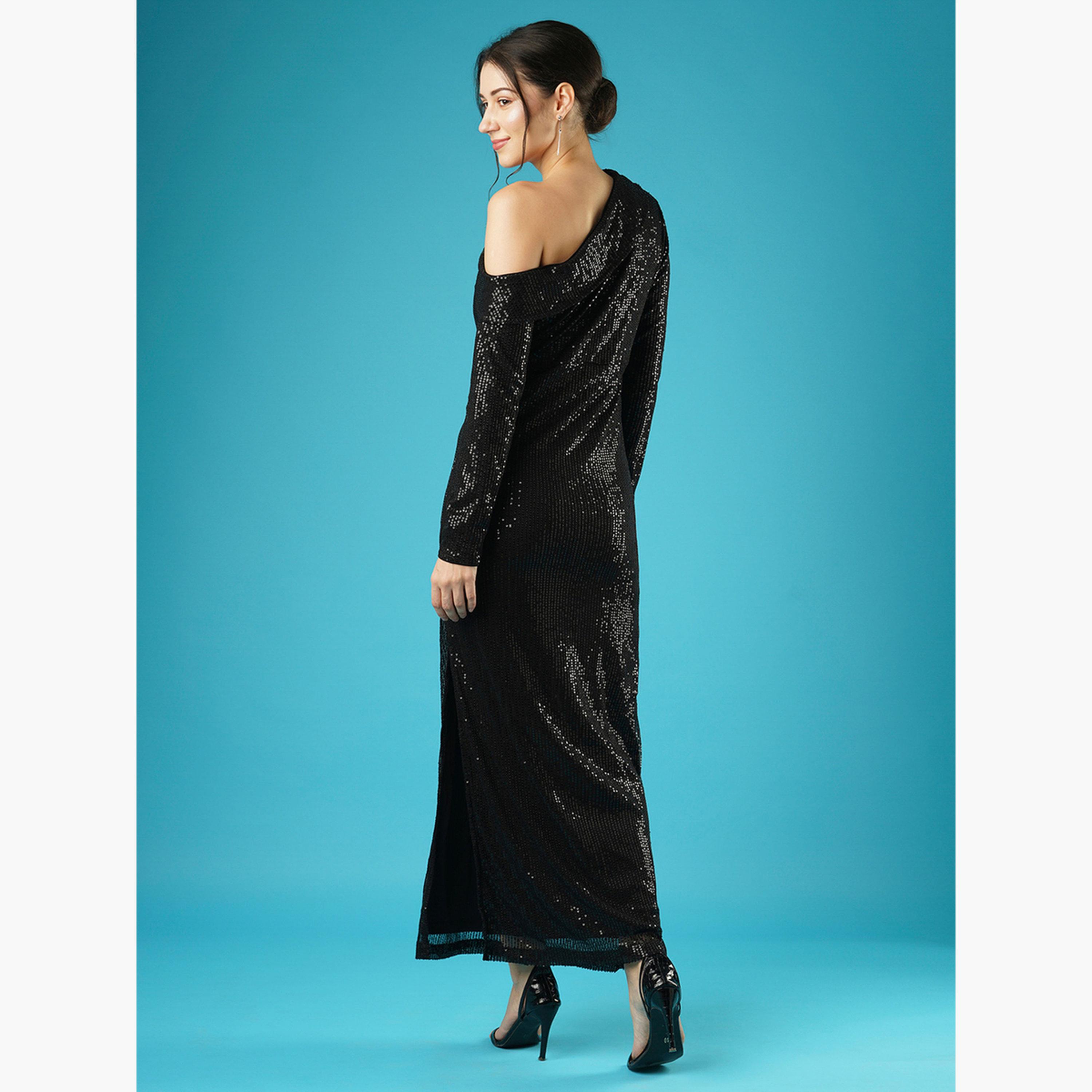 غلوبوص × ستايلي - فستان ماكسي أسود بكتف واحد مزين بالترتر-women-clothing-dresses-image-3