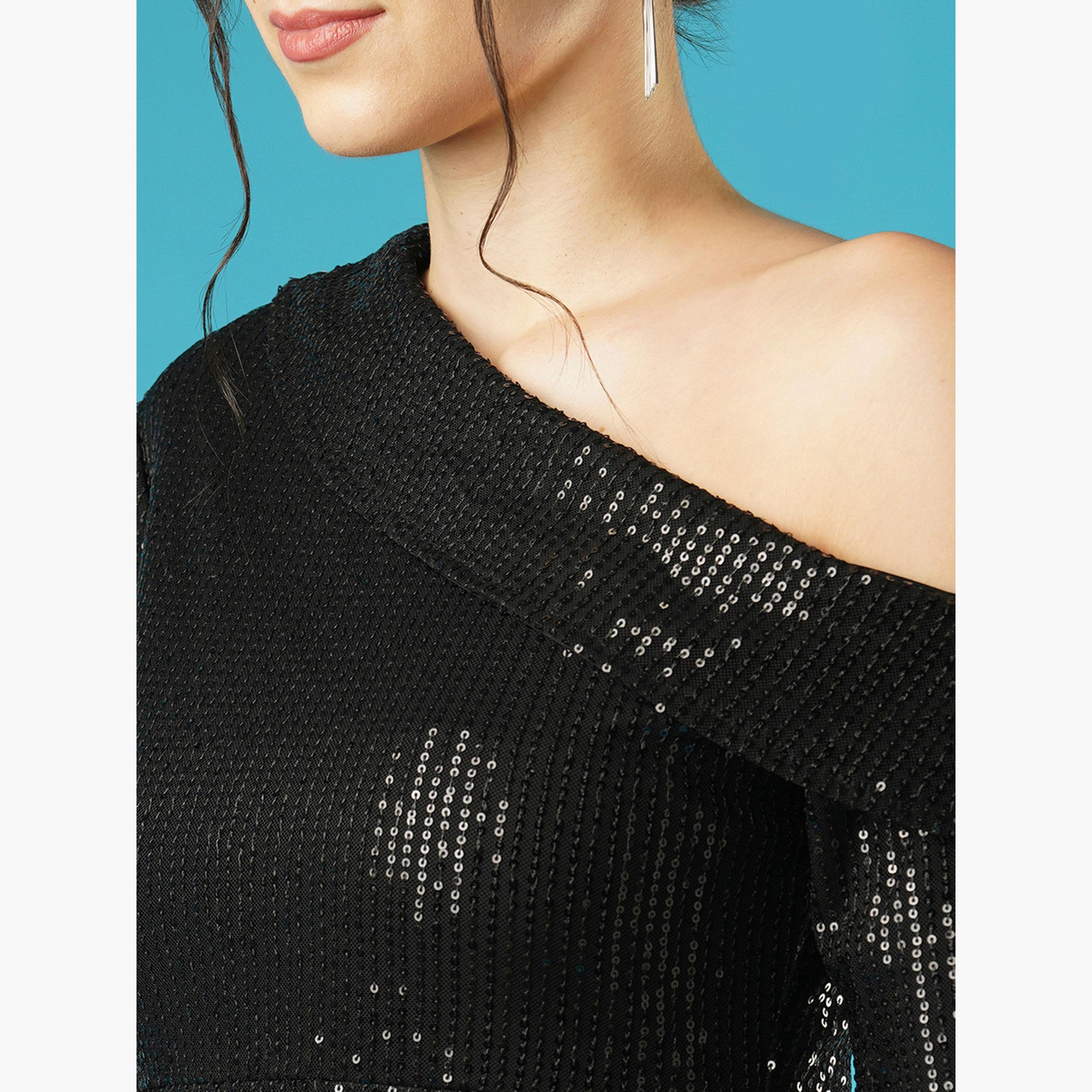 غلوبوص × ستايلي - فستان ماكسي أسود بكتف واحد مزين بالترتر-women-clothing-dresses-image-4