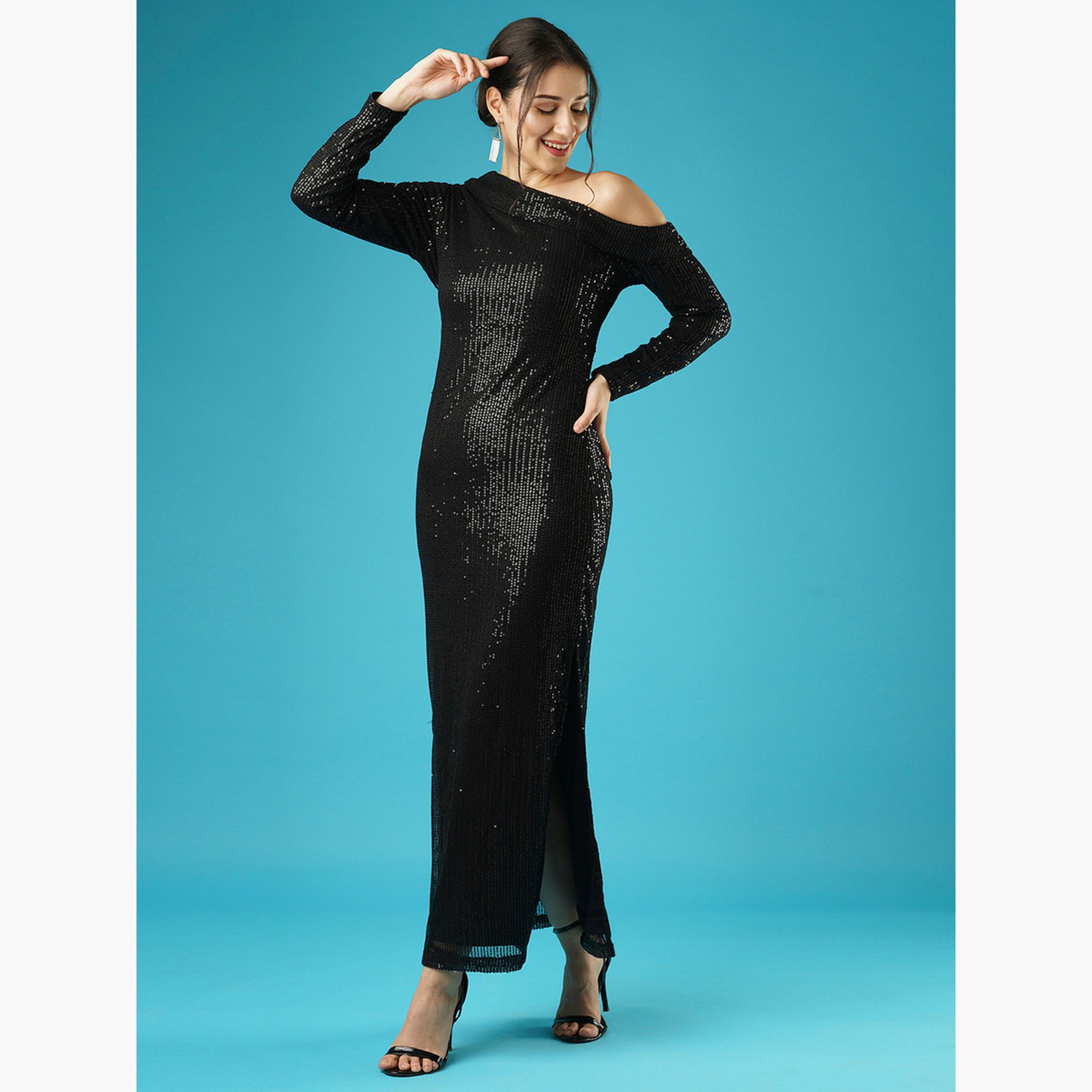 Globus X Styli Black Sequined One Shoulder Sheath Maxi Dress-women-clothing-dresses-image-6