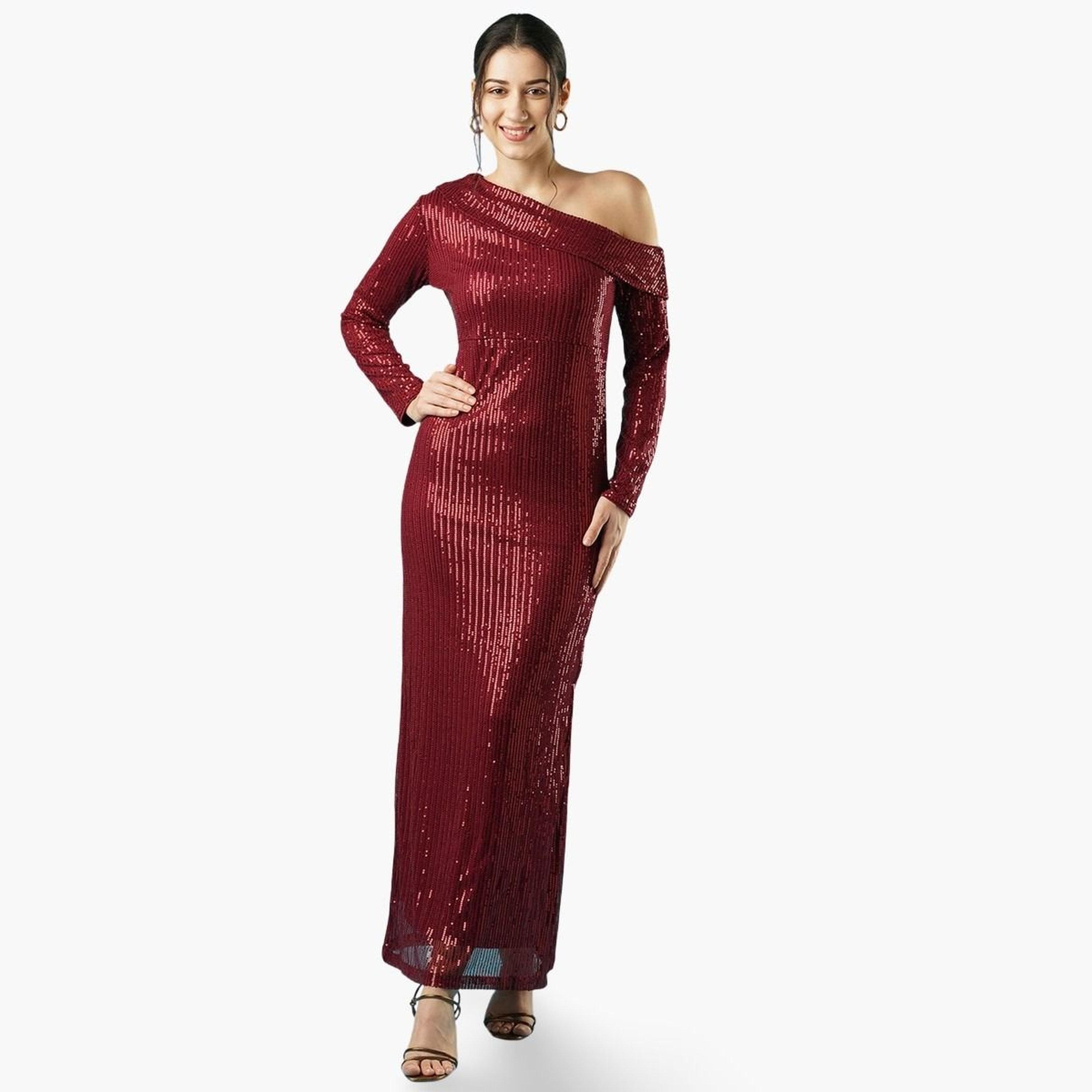 غلوبوص × ستايلي - فستان ماكسي بكتف واحد مزين بالترتر لون مارون-women-clothing-dresses-image-1