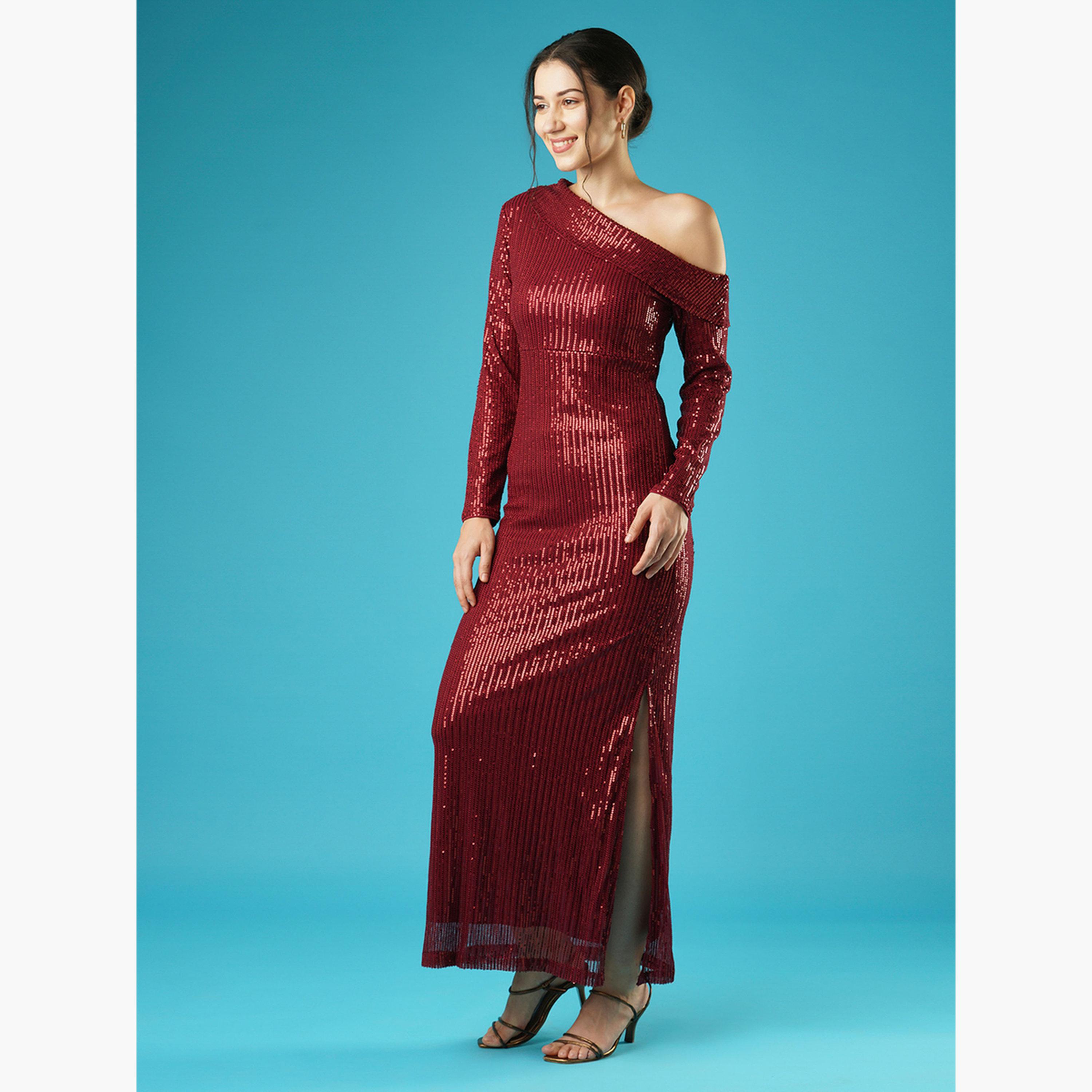 غلوبوص × ستايلي - فستان ماكسي بكتف واحد مزين بالترتر لون مارون-women-clothing-dresses-image-2