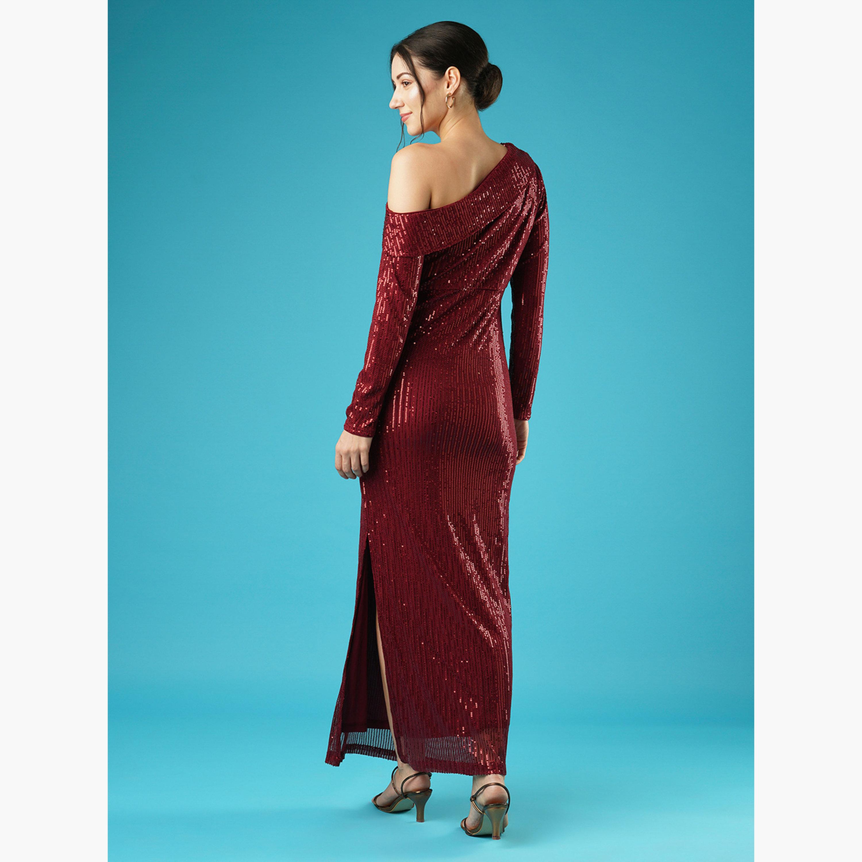 غلوبوص × ستايلي - فستان ماكسي بكتف واحد مزين بالترتر لون مارون-women-clothing-dresses-image-3
